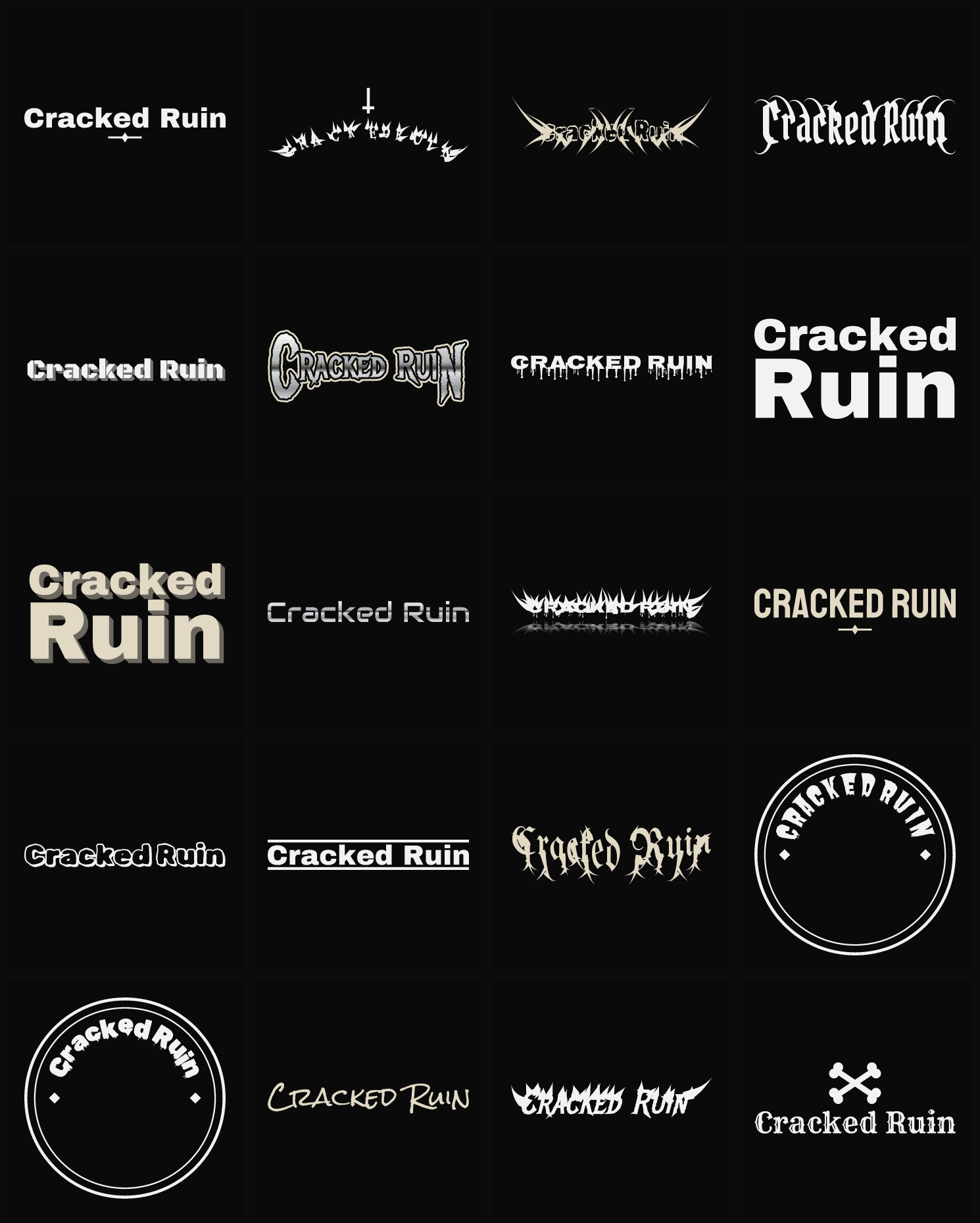 Twenty Cracked Ruin band logo ideas — different faces, treatments and spike settings