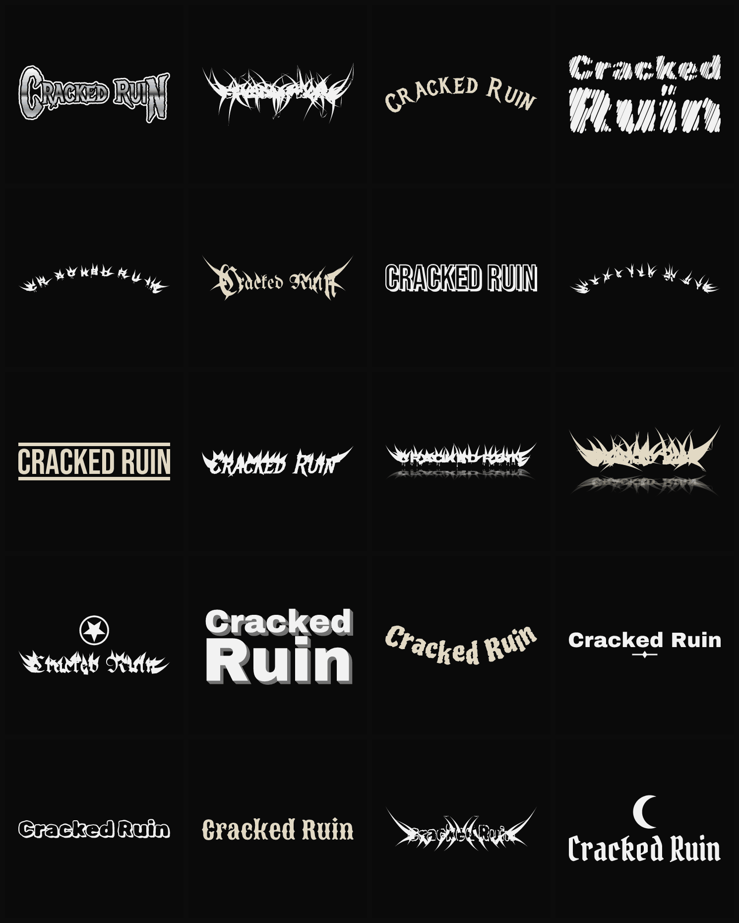 Twenty Cracked Ruin band logo ideas — different faces, treatments and spike settings
