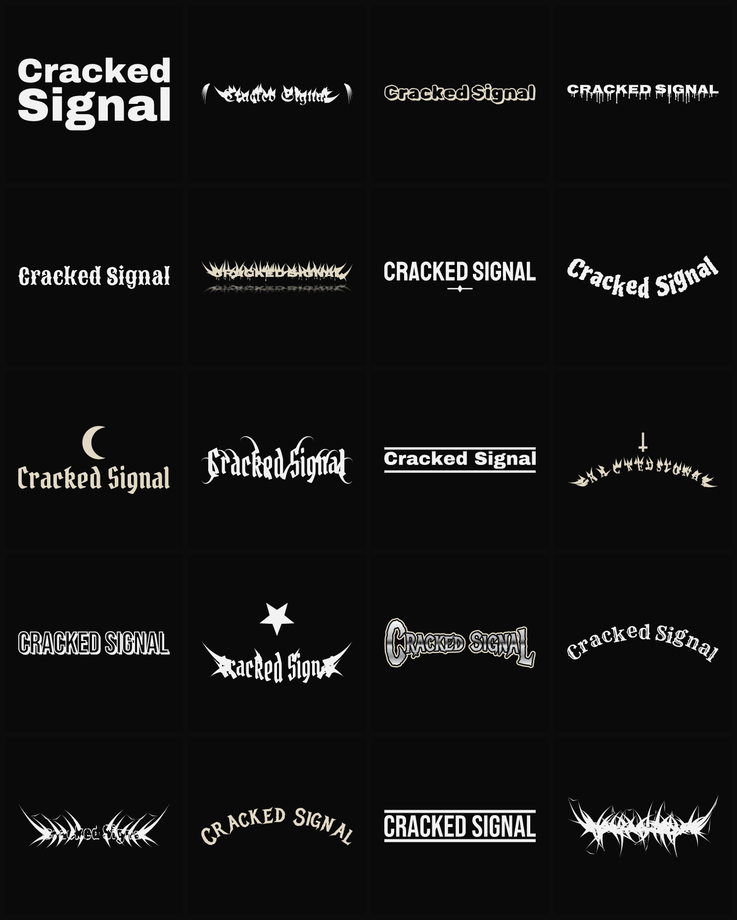 Twenty Cracked Signal band logo ideas — different faces, treatments and spike settings