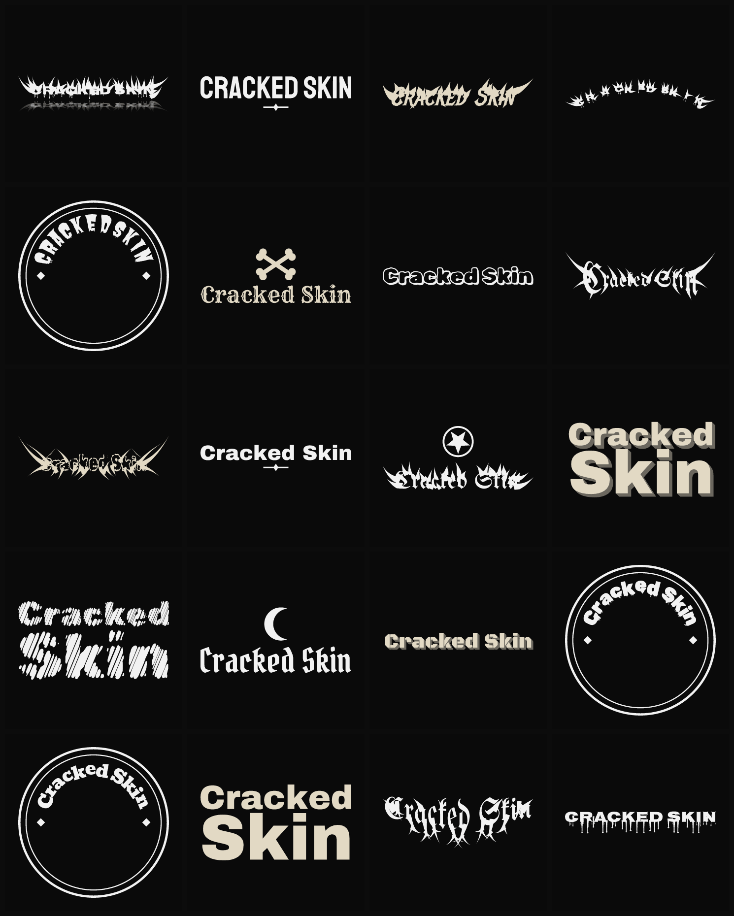 Twenty Cracked Skin band logo ideas — different faces, treatments and spike settings