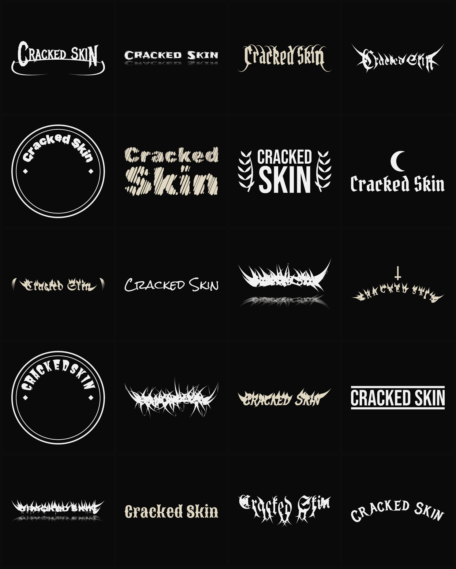 Twenty Cracked Skin band logo ideas — different faces, treatments and spike settings