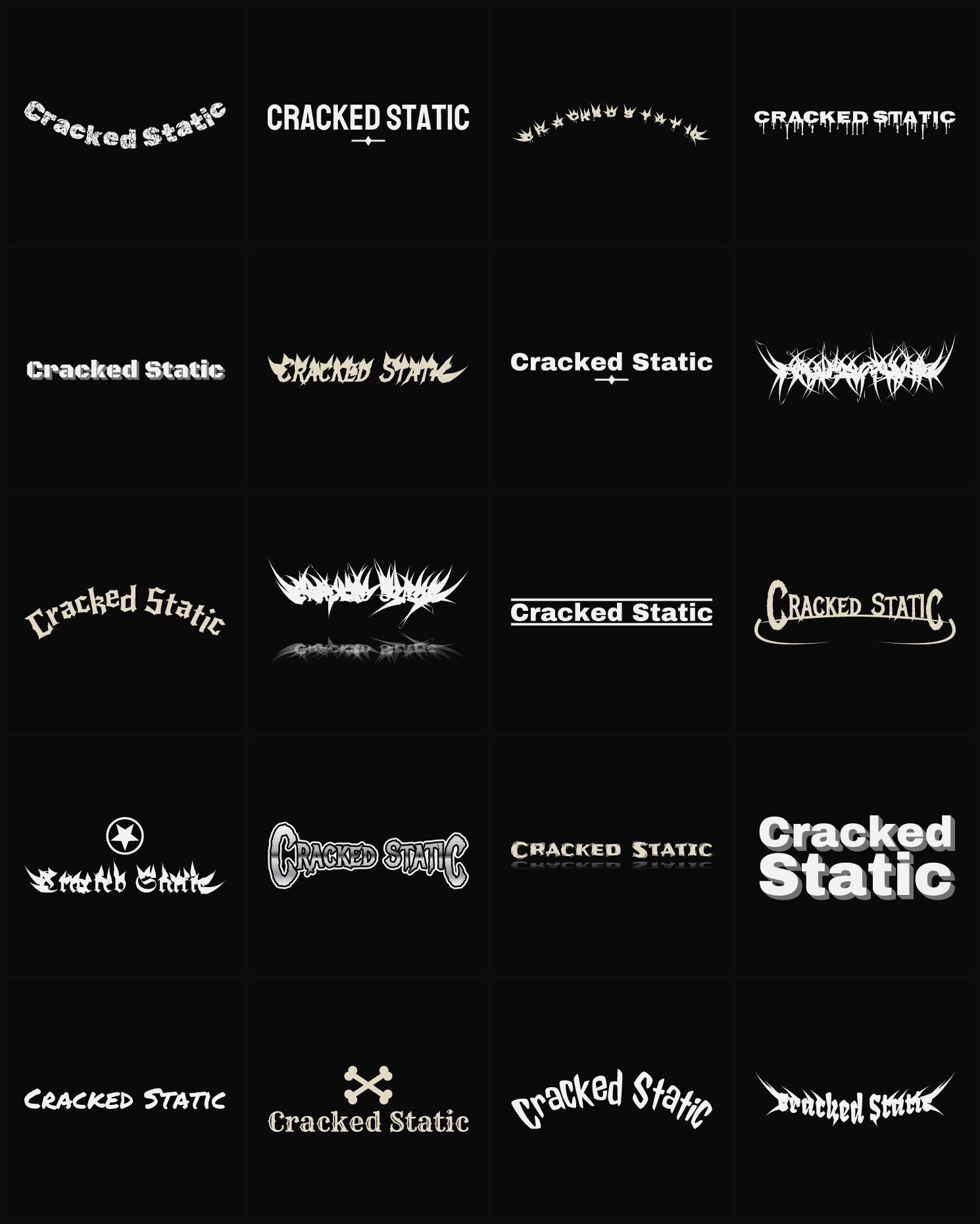 Twenty Cracked Static band logo ideas — different faces, treatments and spike settings