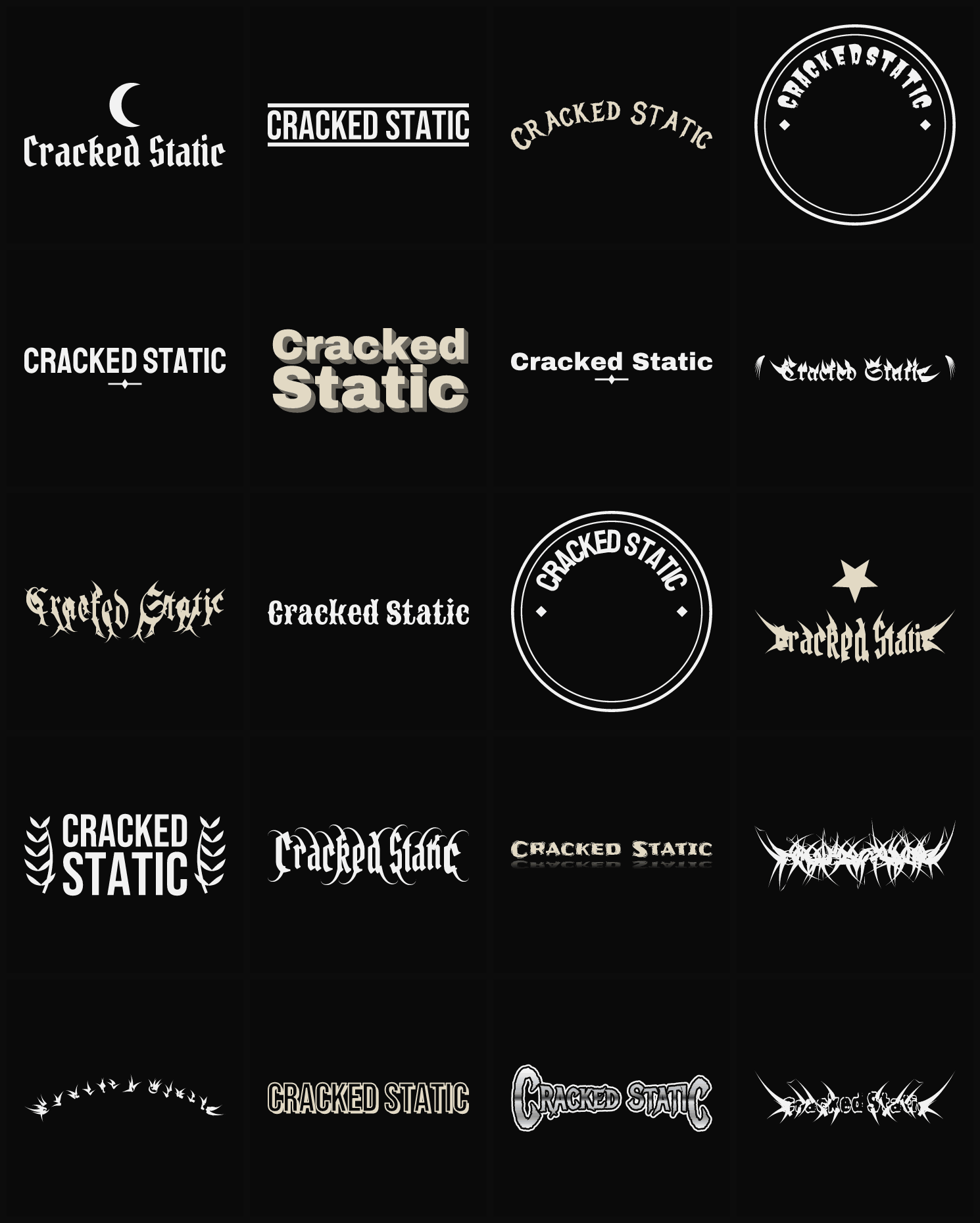 Twenty Cracked Static band logo ideas — different faces, treatments and spike settings