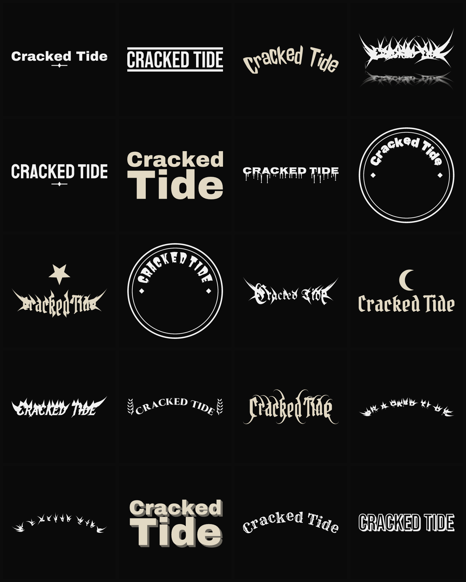 Twenty Cracked Tide band logo ideas — different faces, treatments and spike settings