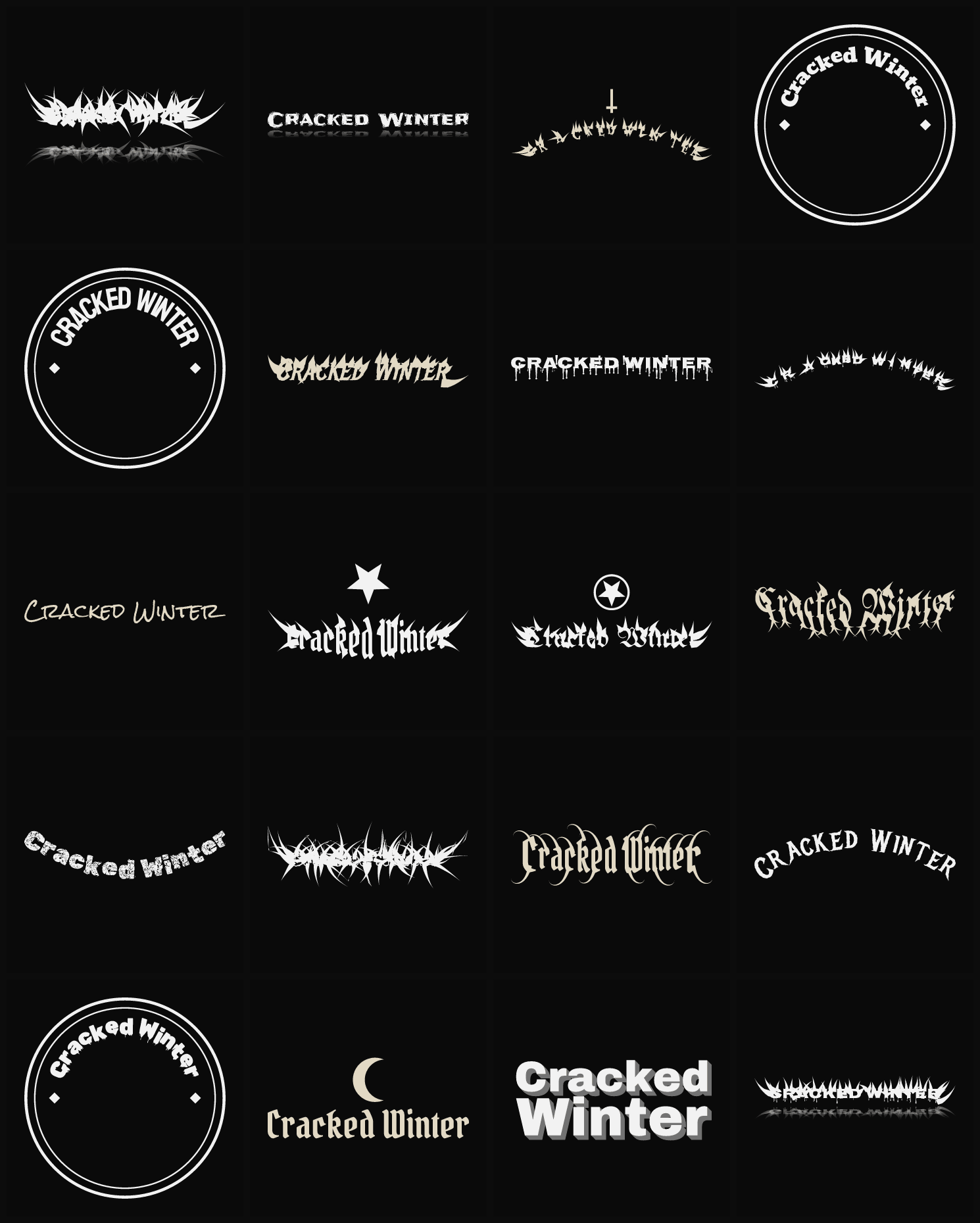 Twenty Cracked Winter band logo ideas — different faces, treatments and spike settings