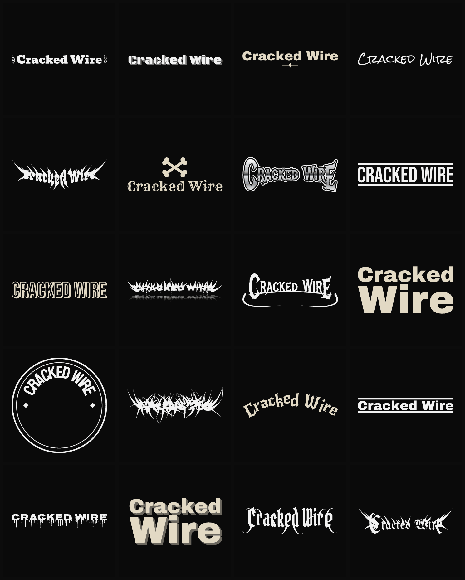 Twenty Cracked Wire band logo ideas — different faces, treatments and spike settings