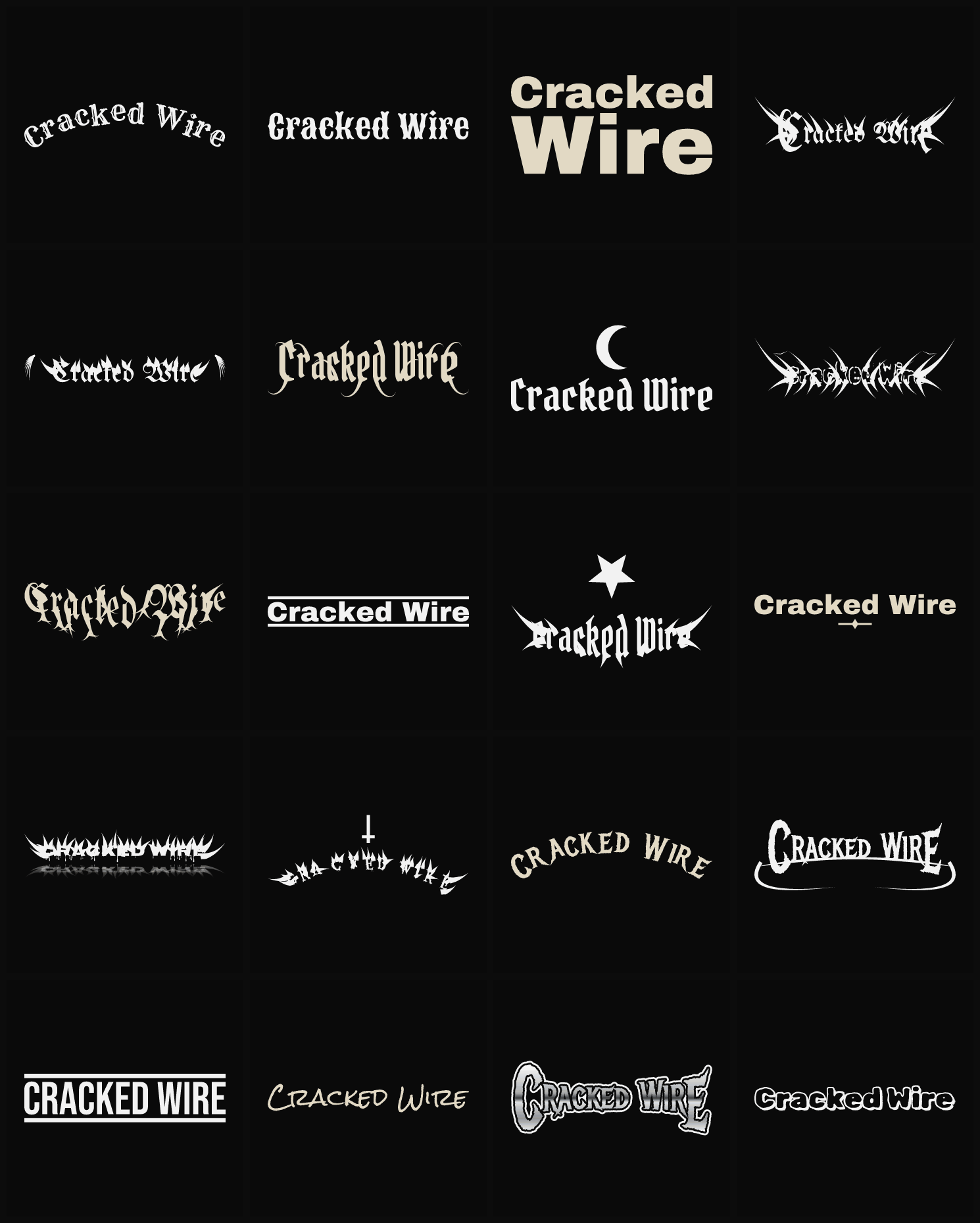 Twenty Cracked Wire band logo ideas — different faces, treatments and spike settings