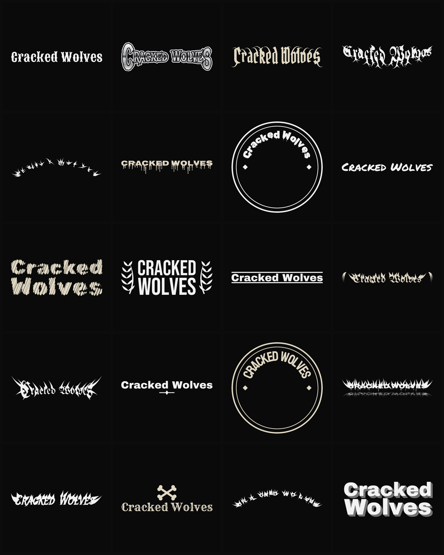 Twenty Cracked Wolves band logo ideas — different faces, treatments and spike settings