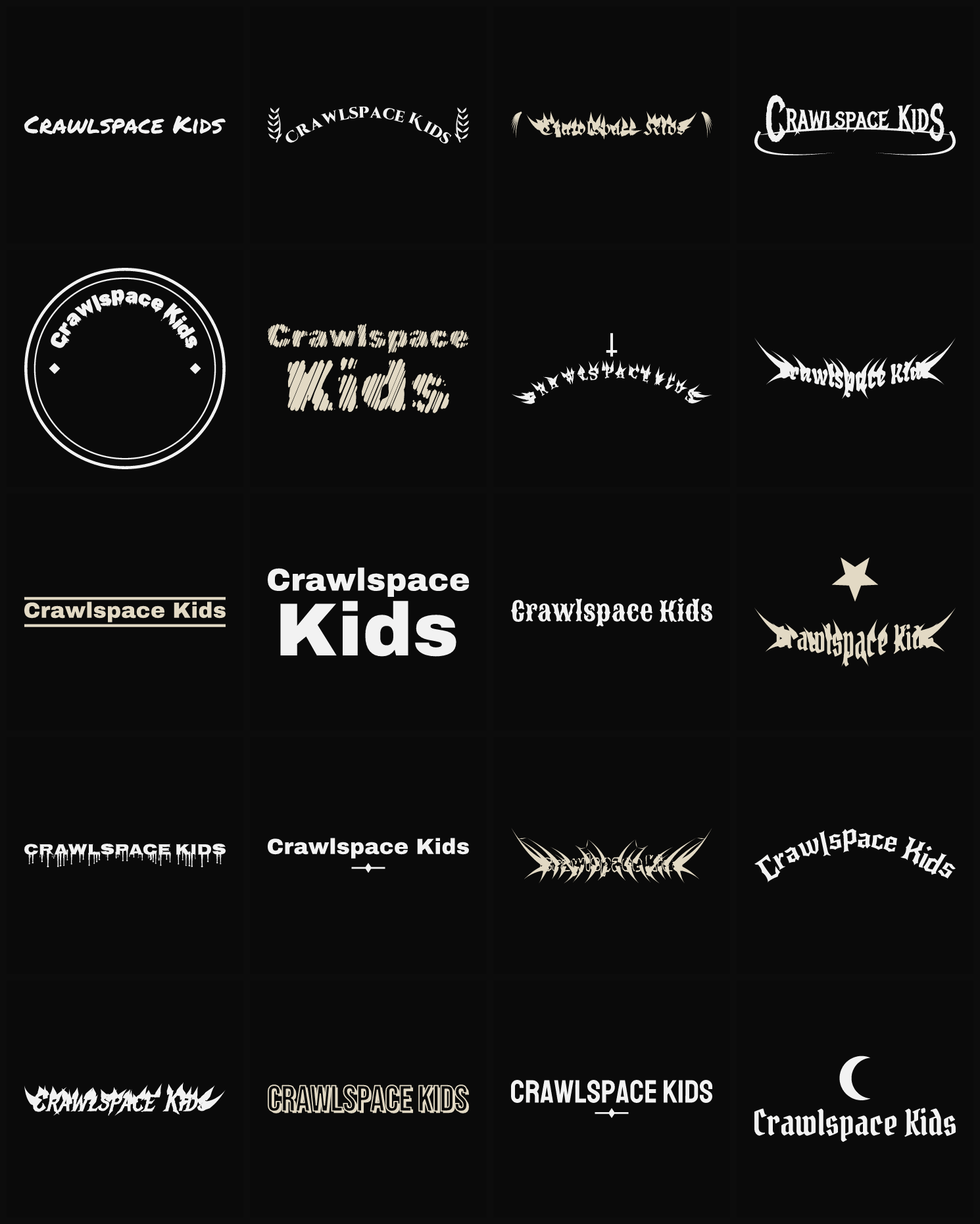 Twenty Crawlspace Kids band logo ideas — different faces, treatments and spike settings