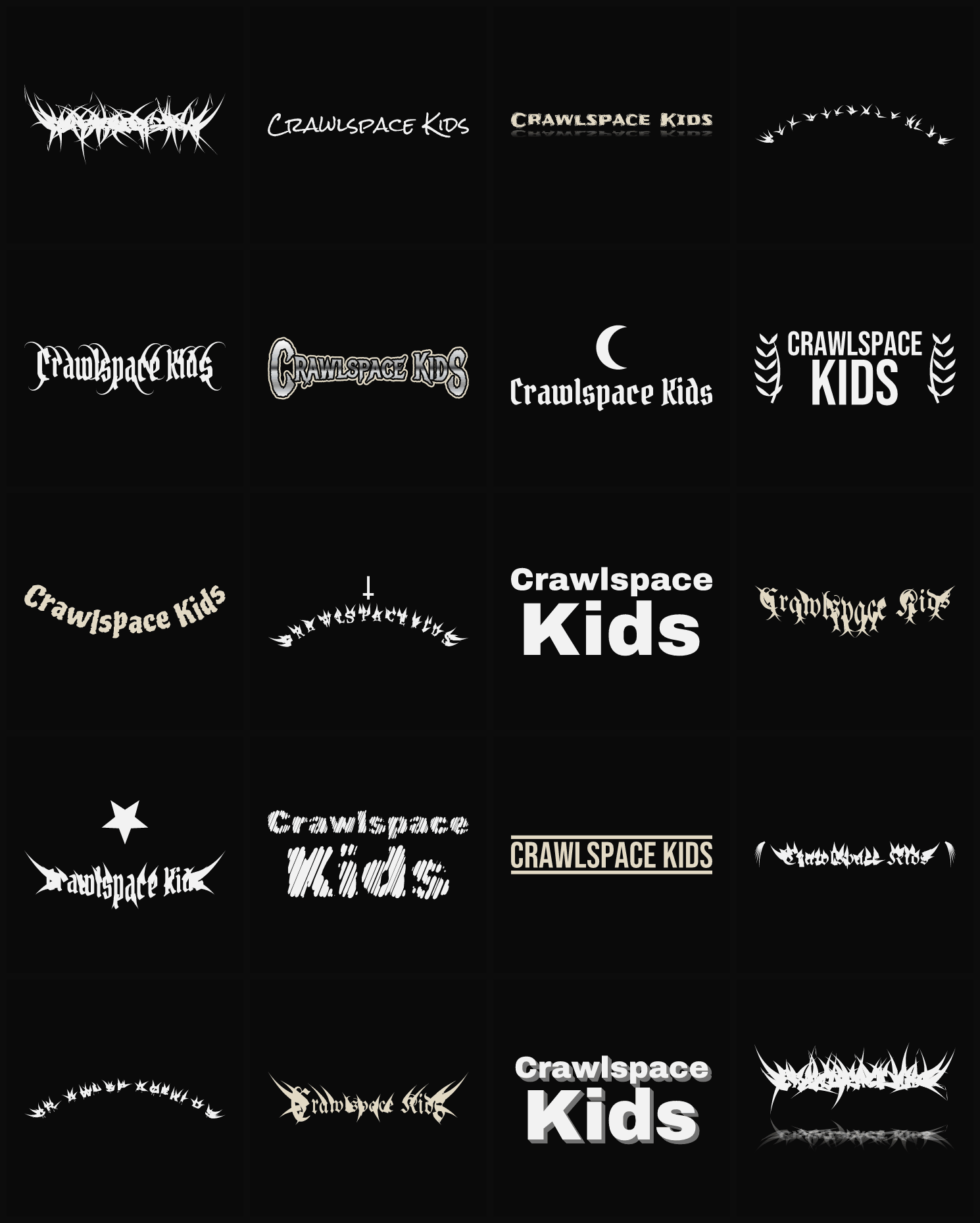 Twenty Crawlspace Kids band logo ideas — different faces, treatments and spike settings