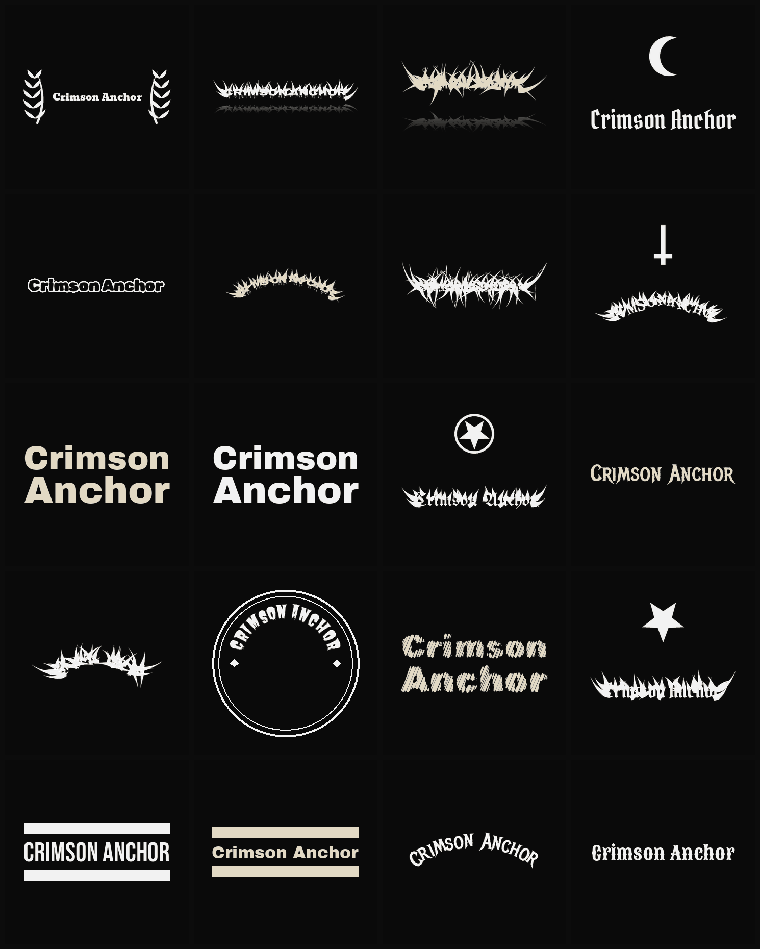 Twenty Crimson Anchor band logo ideas — different faces, treatments and spike settings
