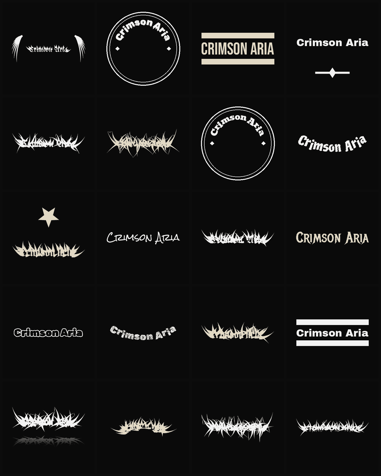 Twenty Crimson Aria band logo ideas — different faces, treatments and spike settings