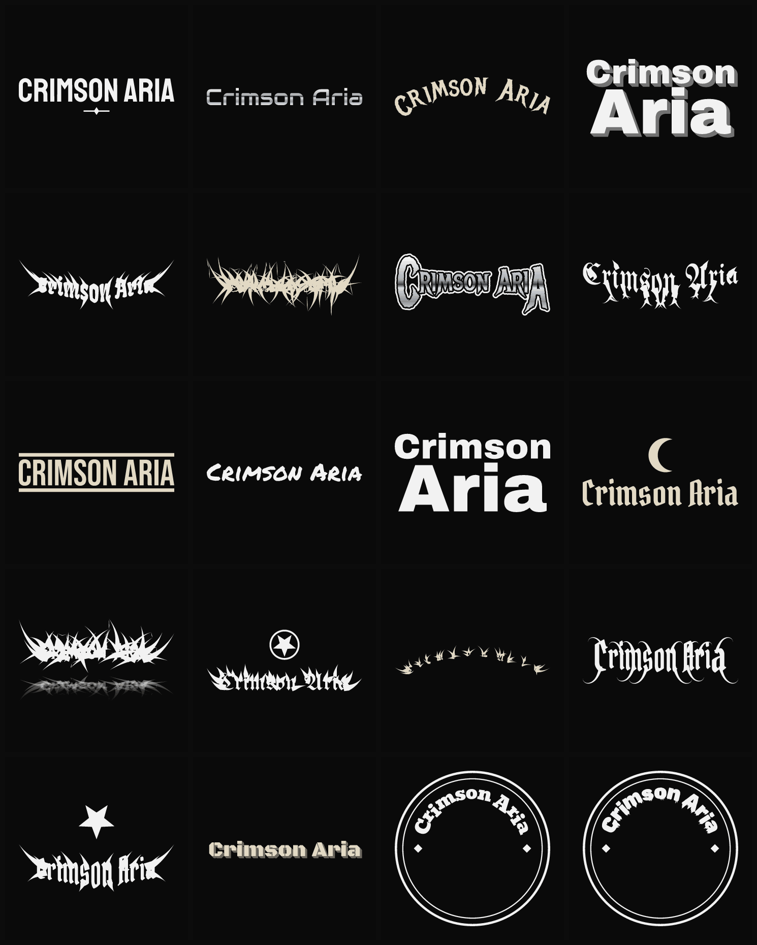 Twenty Crimson Aria band logo ideas — different faces, treatments and spike settings