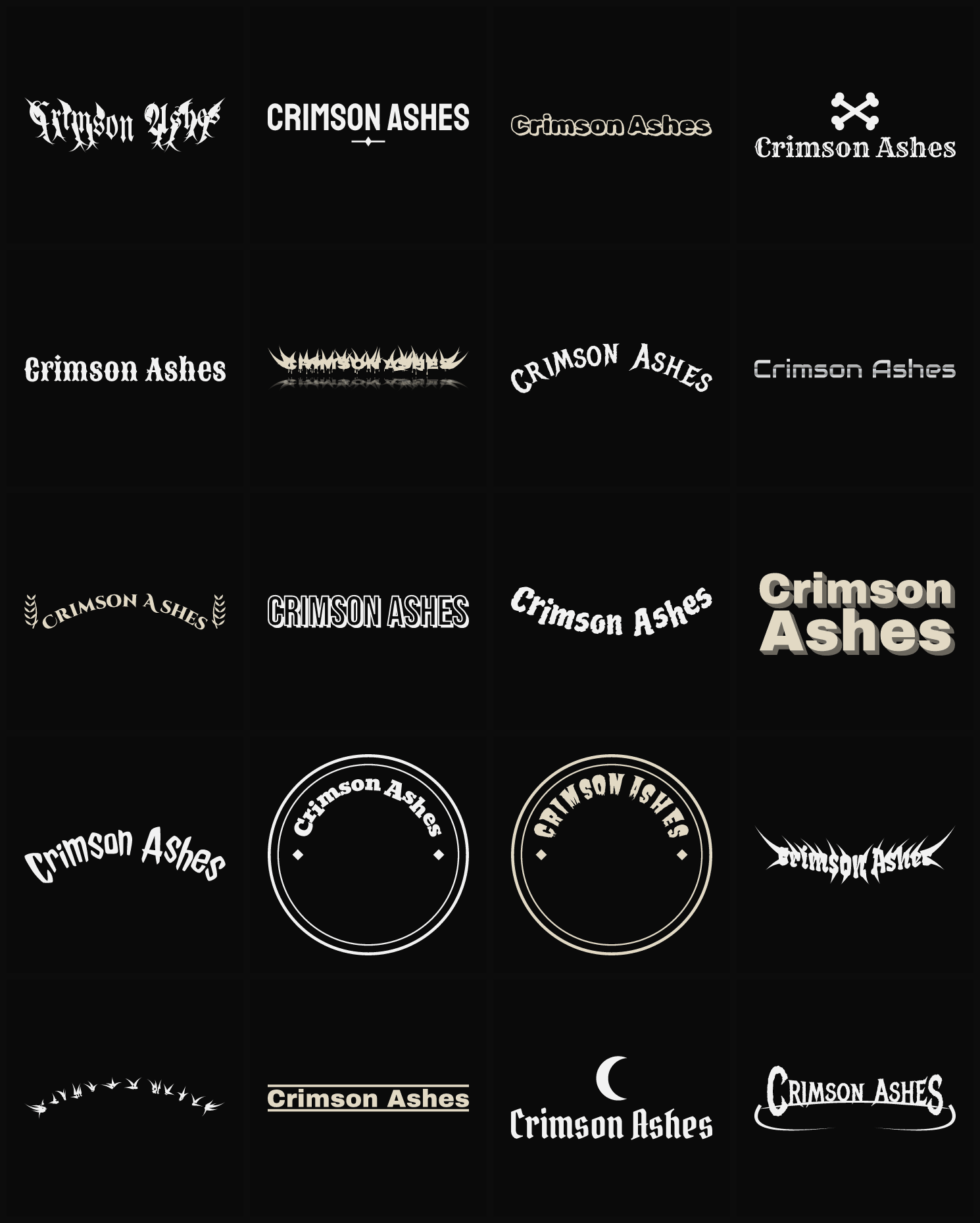 Twenty Crimson Ashes band logo ideas — different faces, treatments and spike settings
