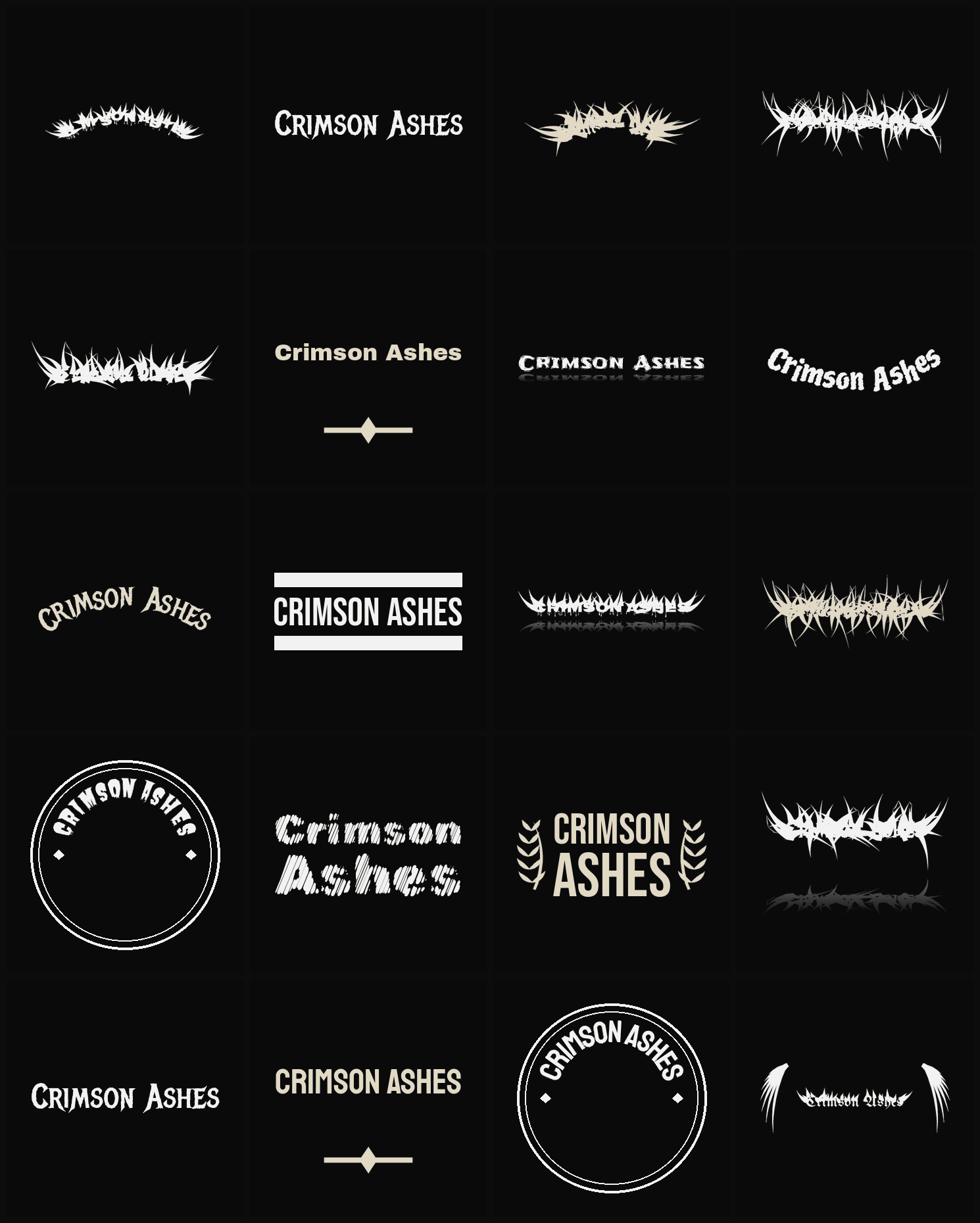 Twenty Crimson Ashes band logo ideas — different faces, treatments and spike settings