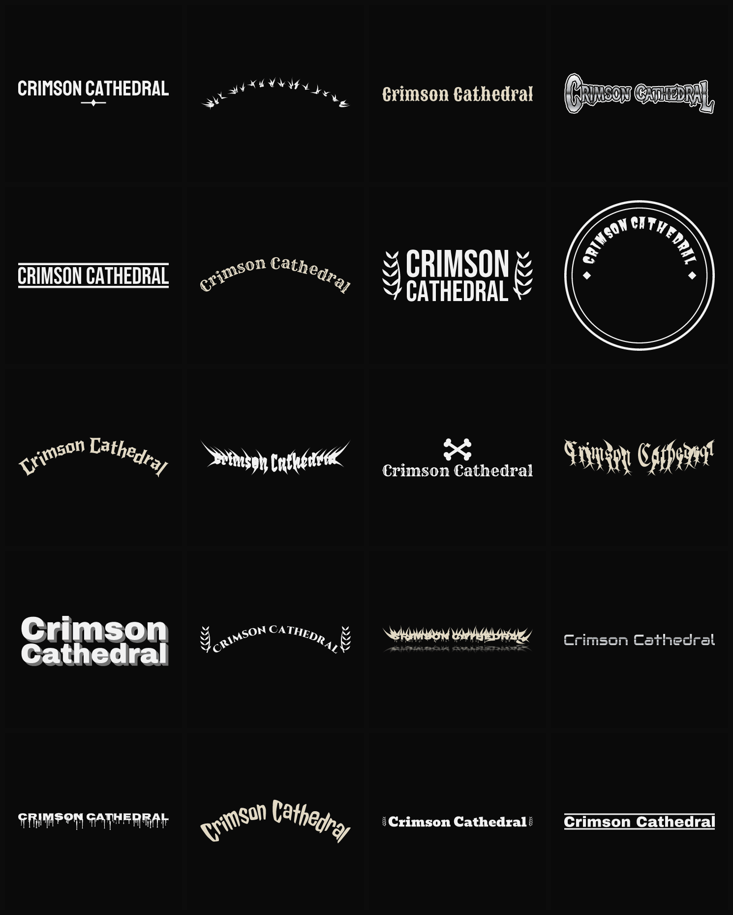 Twenty Crimson Cathedral band logo ideas — different faces, treatments and spike settings