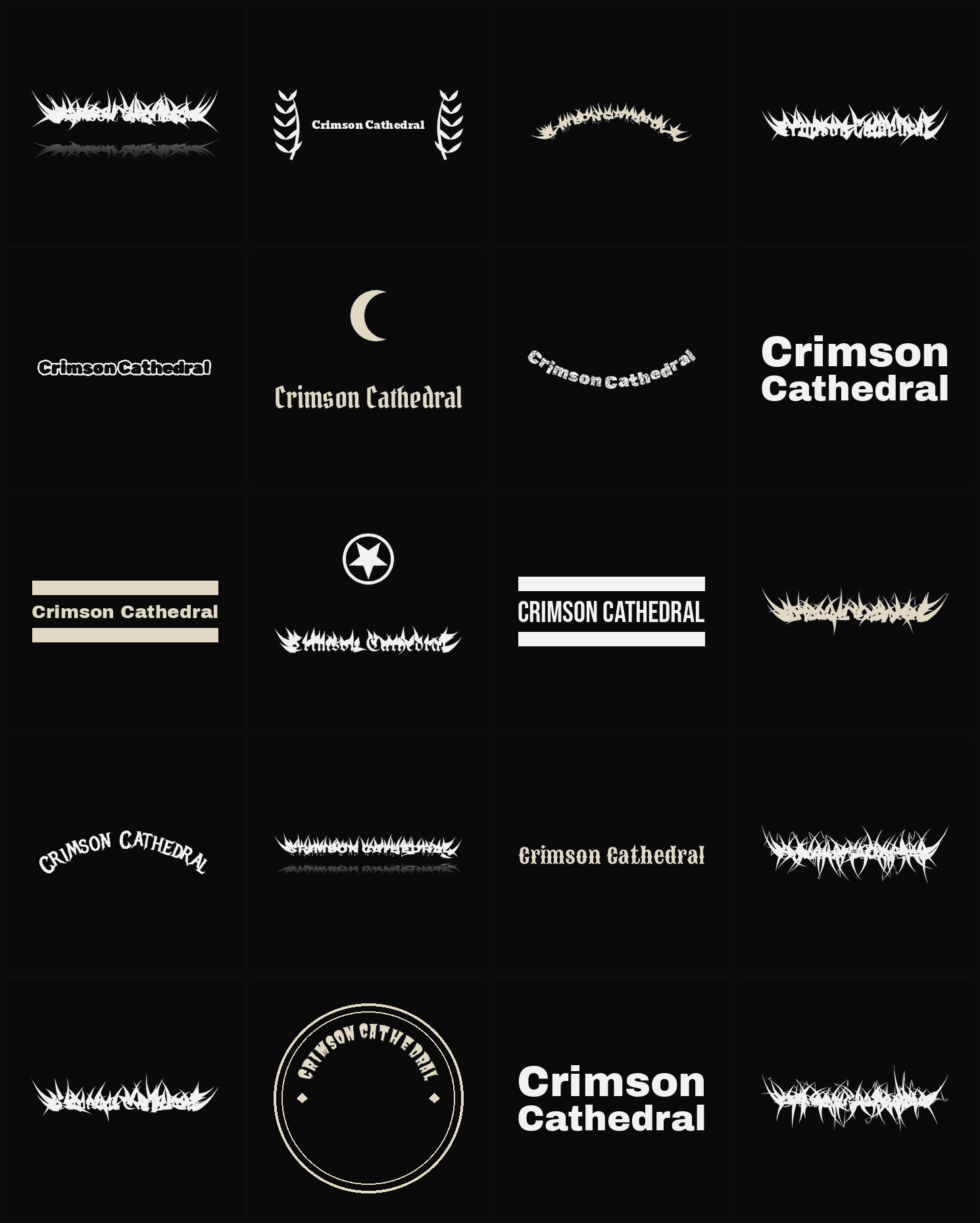 Twenty Crimson Cathedral band logo ideas — different faces, treatments and spike settings