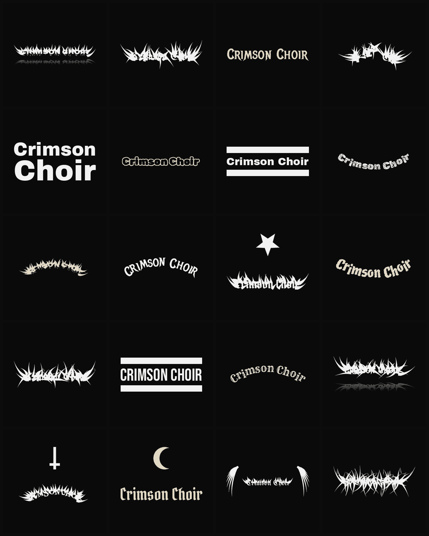 Twenty Crimson Choir band logo ideas — different faces, treatments and spike settings