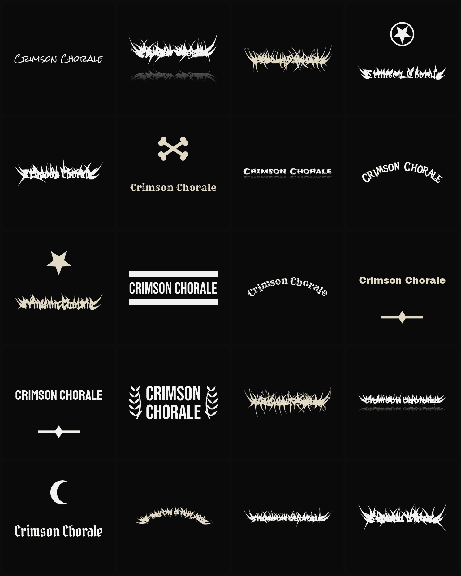 Twenty Crimson Chorale band logo ideas — different faces, treatments and spike settings