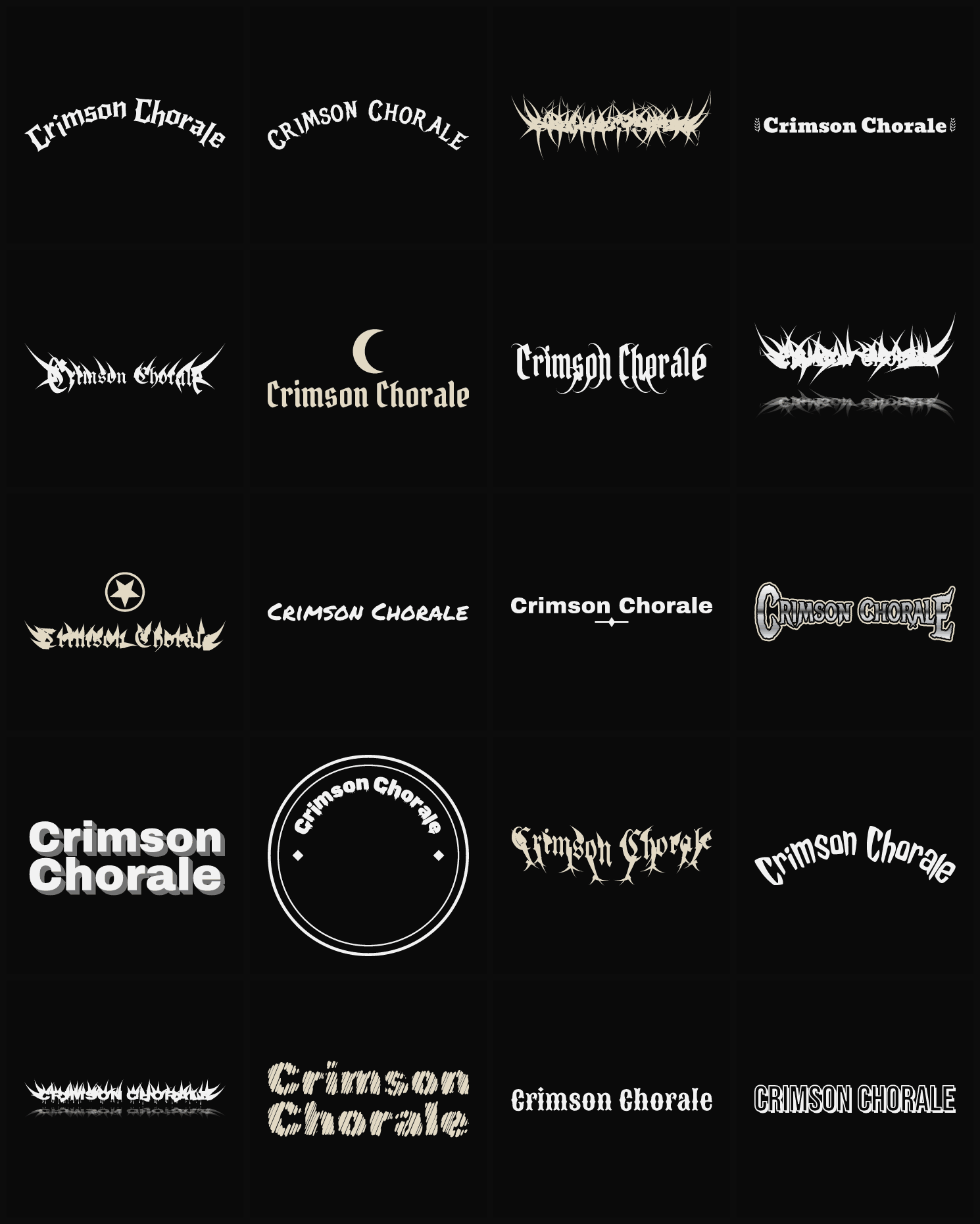 Twenty Crimson Chorale band logo ideas — different faces, treatments and spike settings
