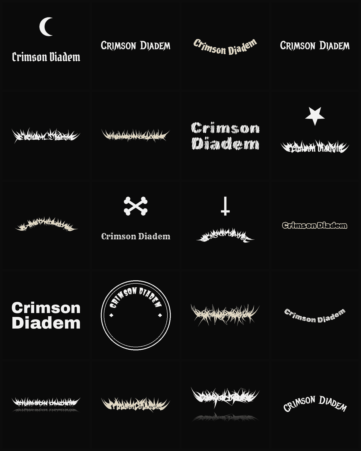 Twenty Crimson Diadem band logo ideas — different faces, treatments and spike settings