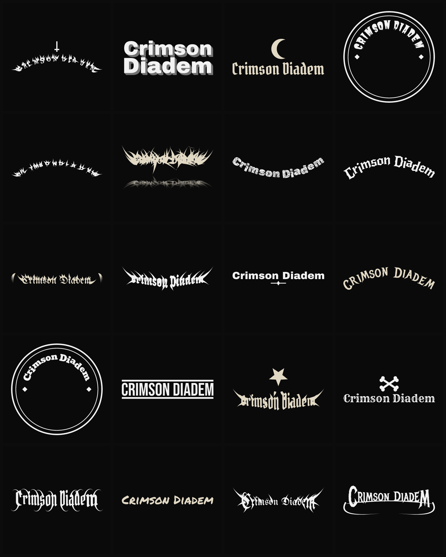 Twenty Crimson Diadem band logo ideas — different faces, treatments and spike settings