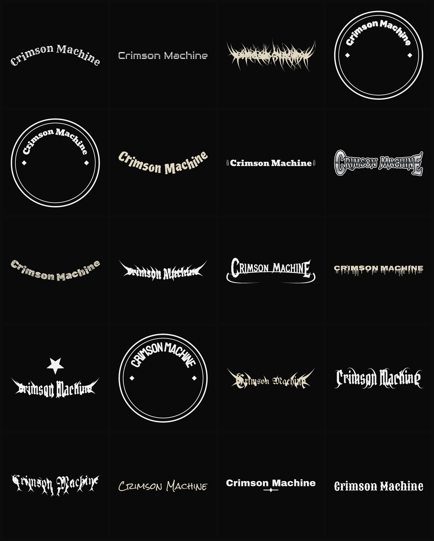 Twenty Crimson Machine band logo ideas — different faces, treatments and spike settings