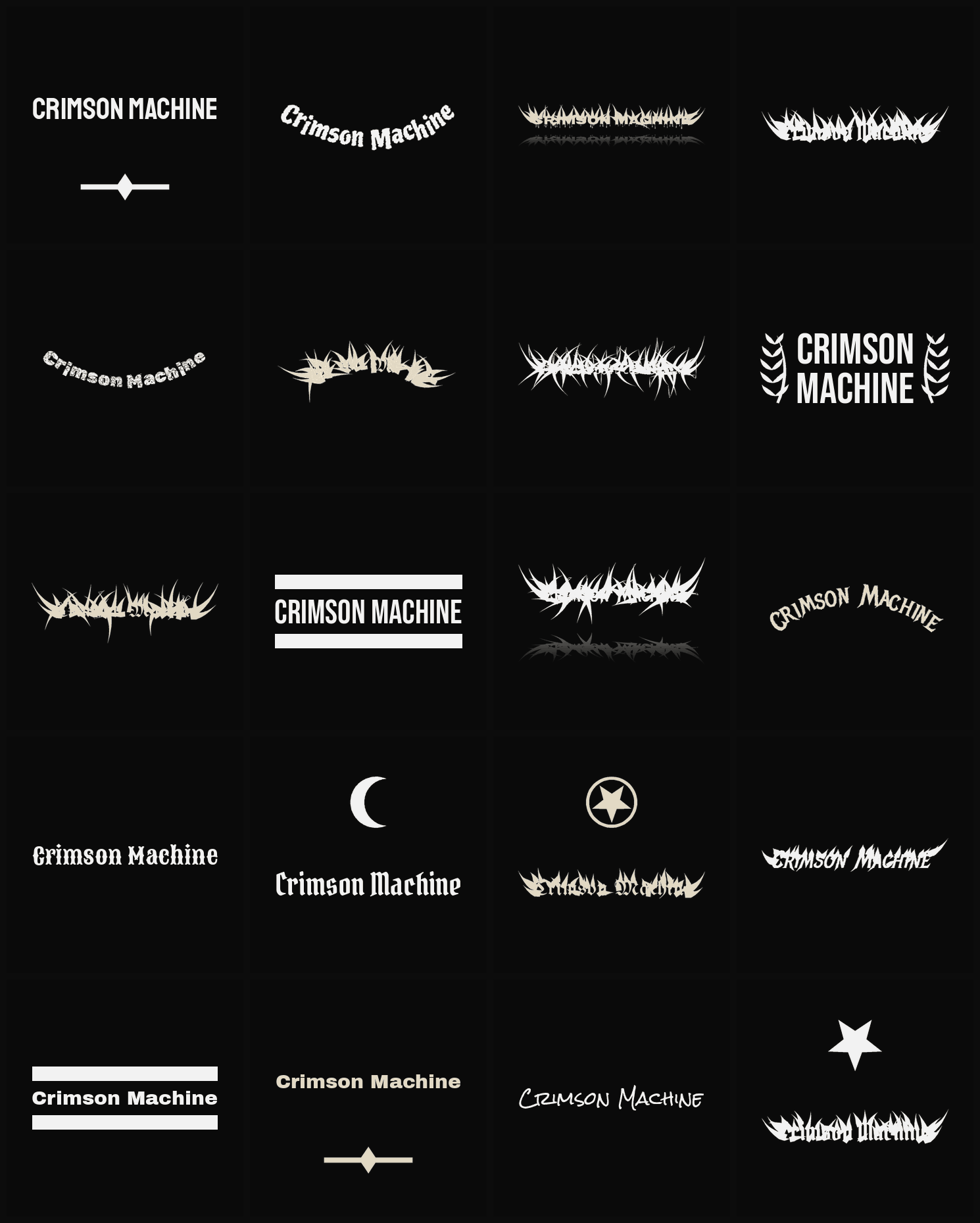 Twenty Crimson Machine band logo ideas — different faces, treatments and spike settings