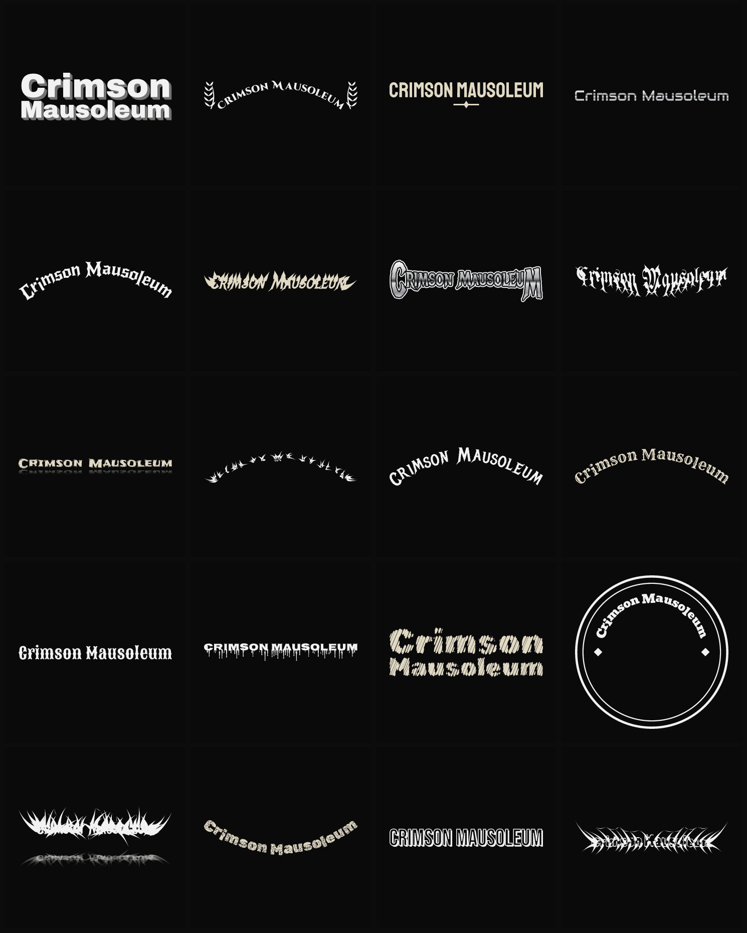 Twenty Crimson Mausoleum band logo ideas — different faces, treatments and spike settings