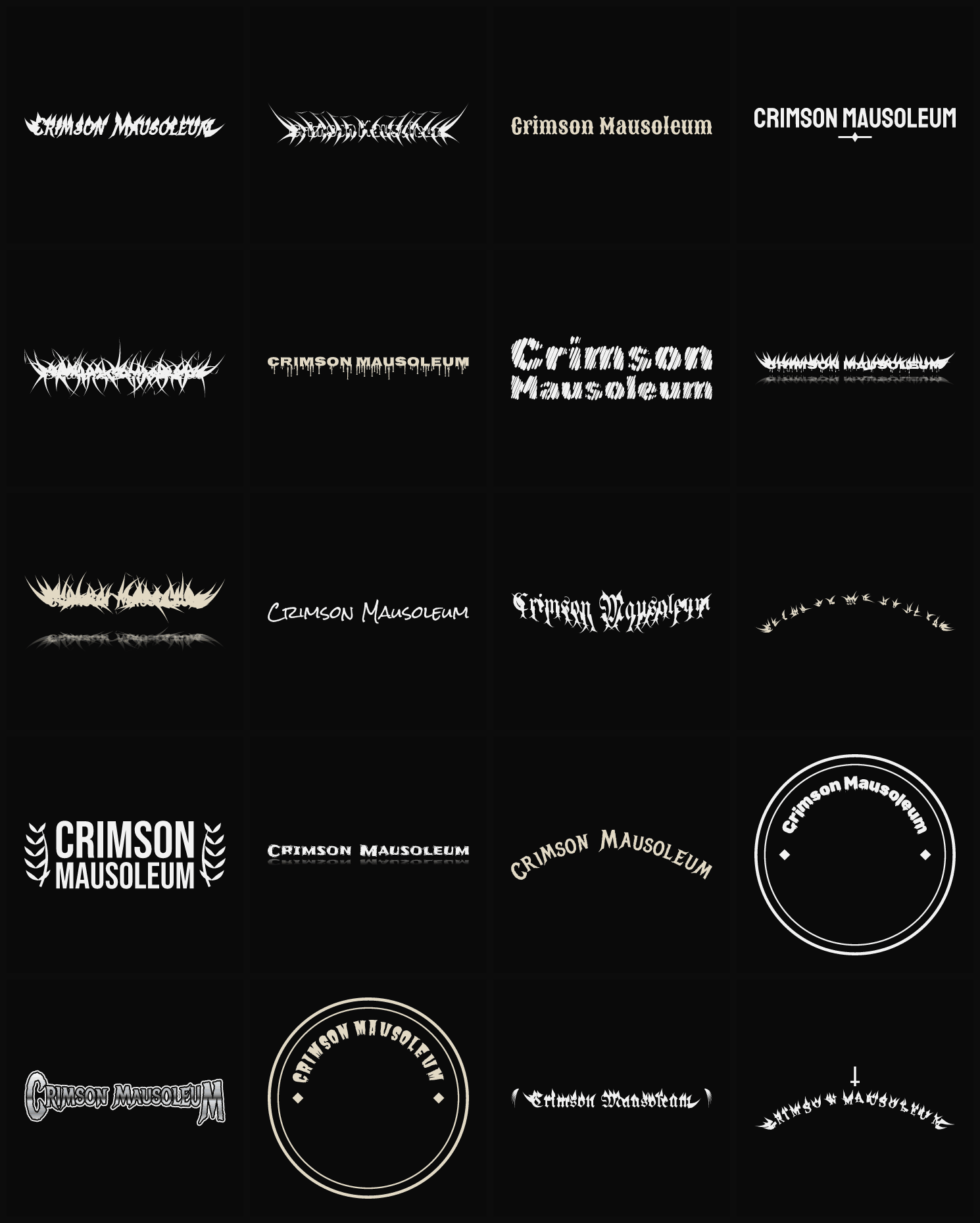 Twenty Crimson Mausoleum band logo ideas — different faces, treatments and spike settings