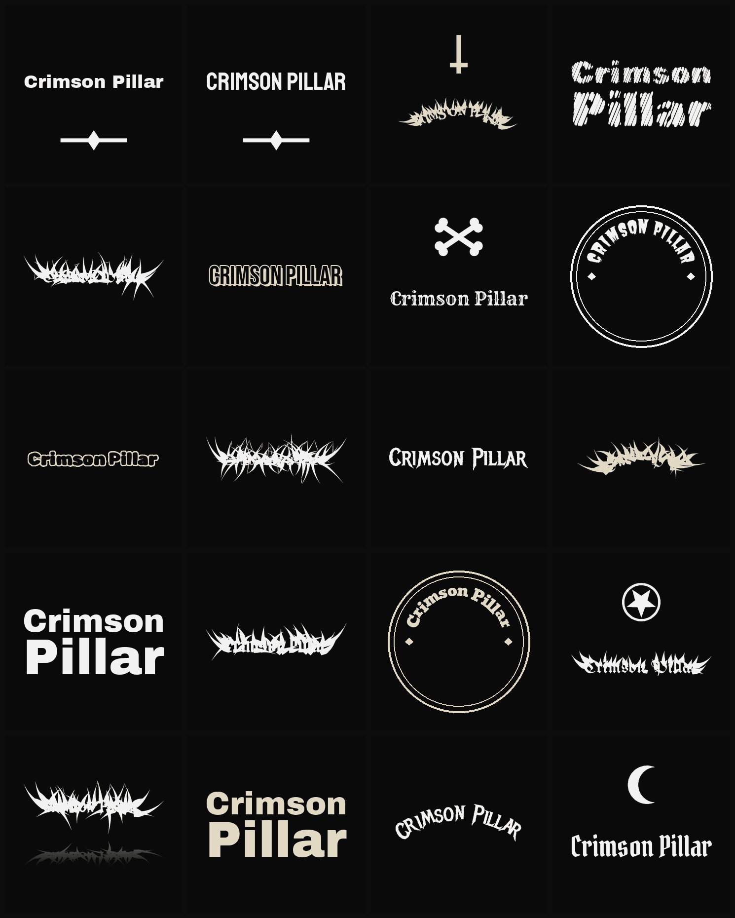 Twenty Crimson Pillar band logo ideas — different faces, treatments and spike settings