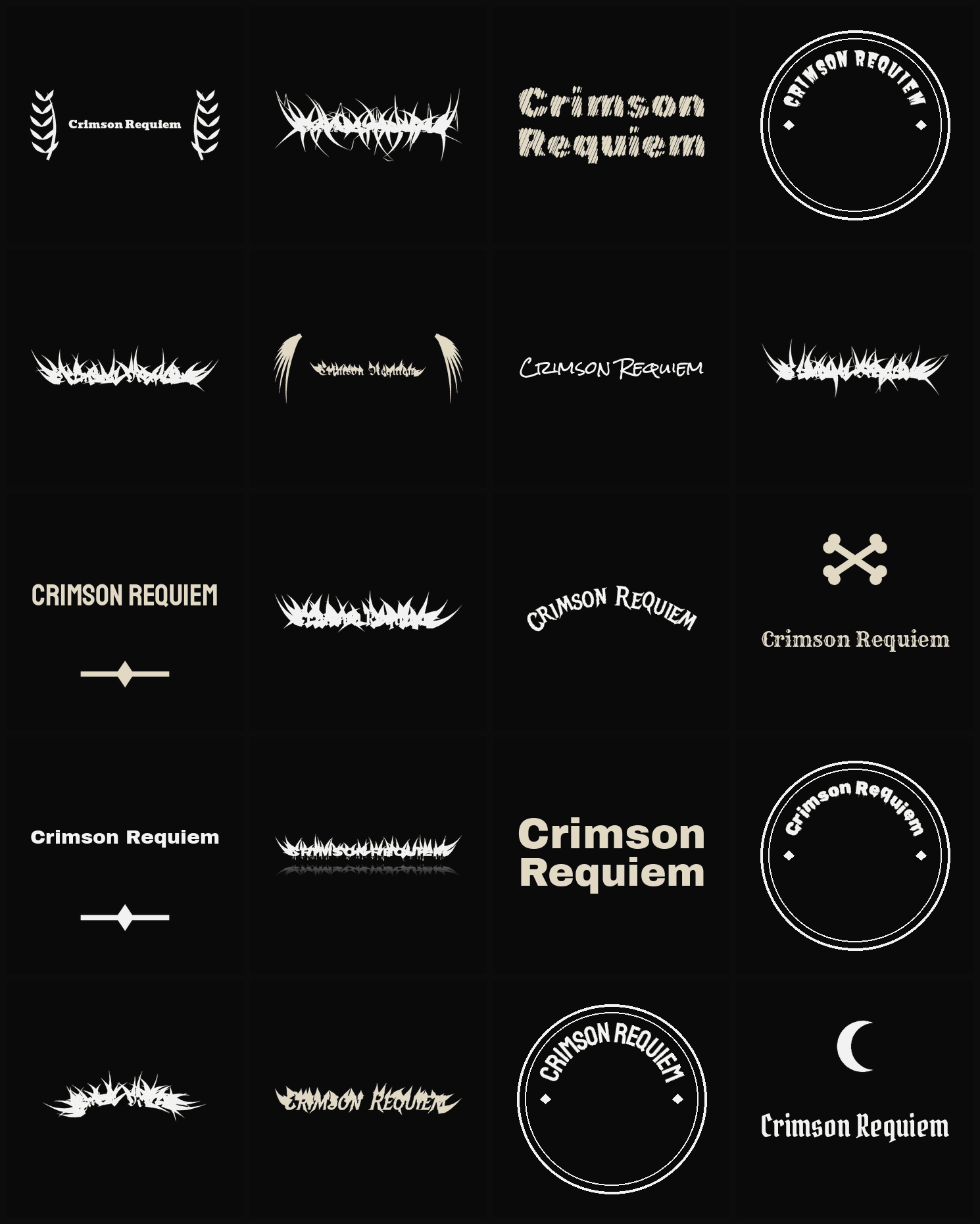 Twenty Crimson Requiem band logo ideas — different faces, treatments and spike settings