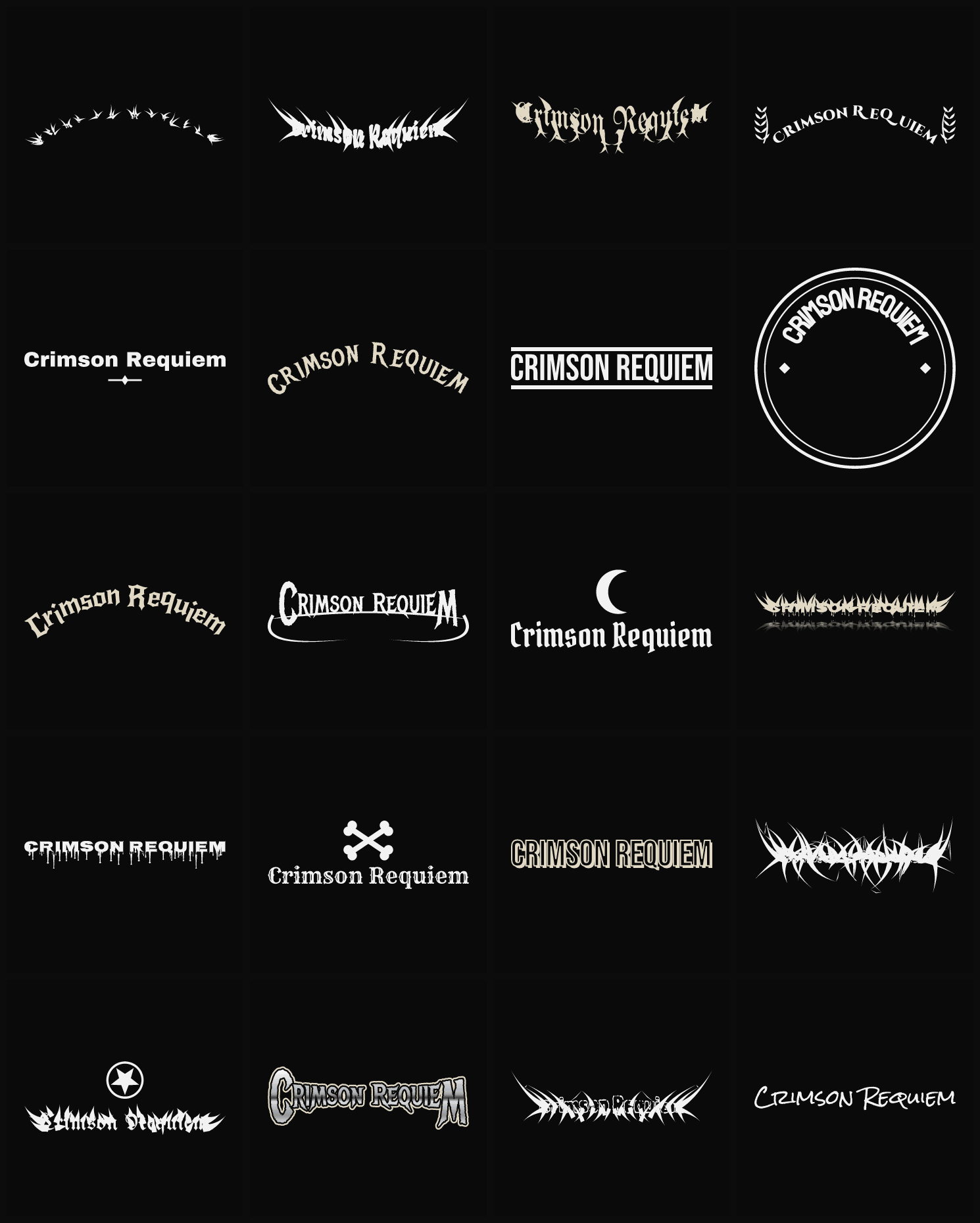 Twenty Crimson Requiem band logo ideas — different faces, treatments and spike settings