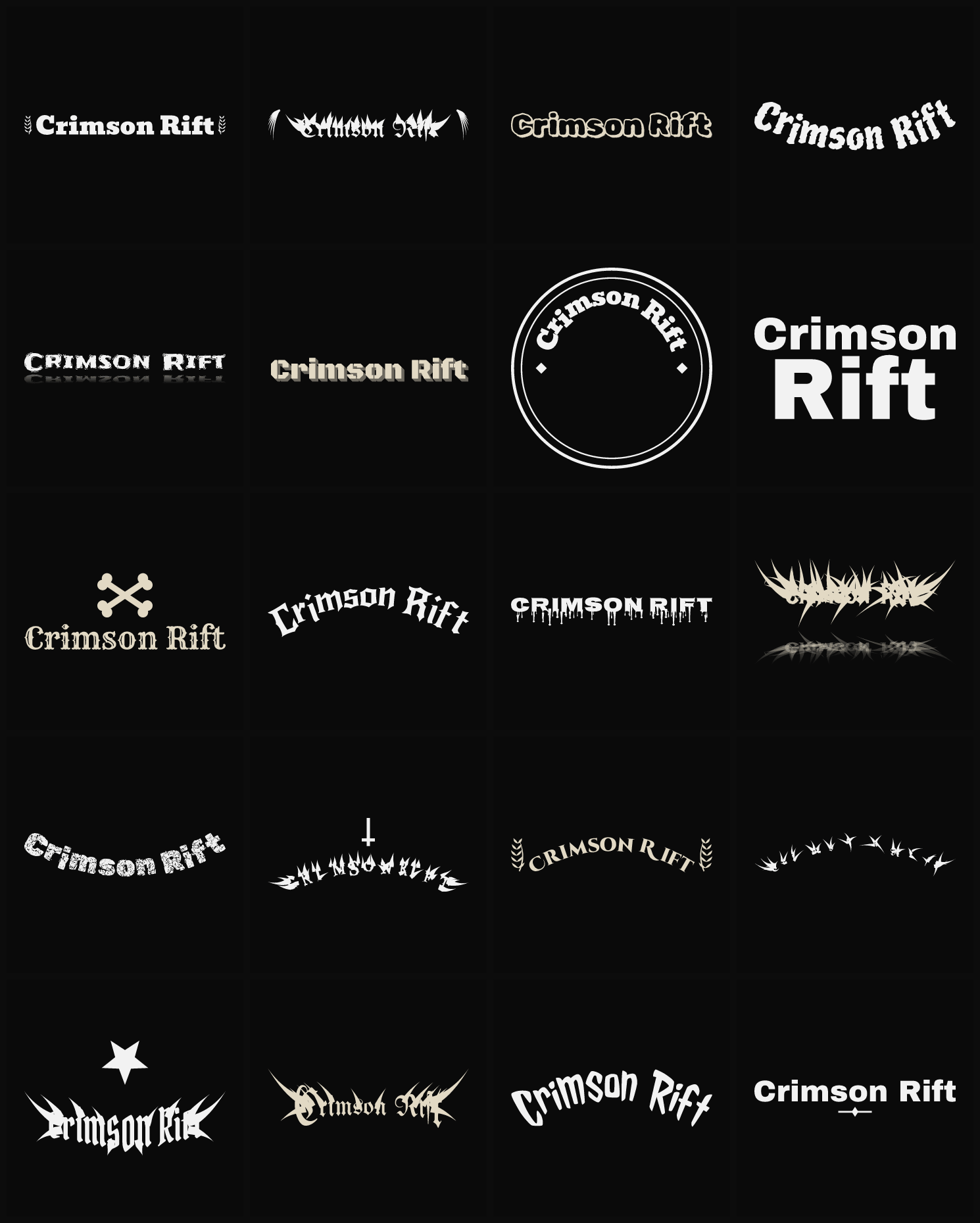 Twenty Crimson Rift band logo ideas — different faces, treatments and spike settings