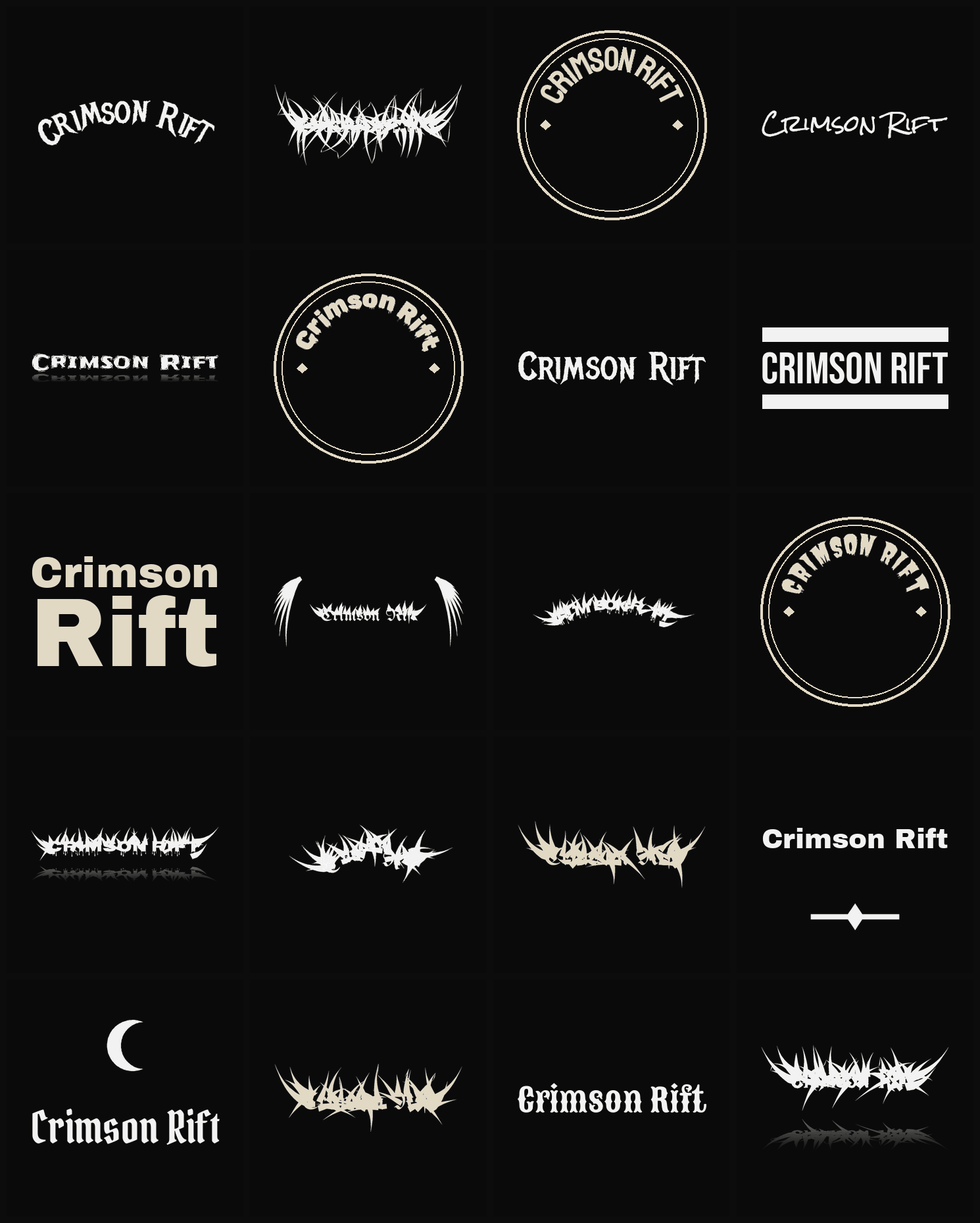 Twenty Crimson Rift band logo ideas — different faces, treatments and spike settings