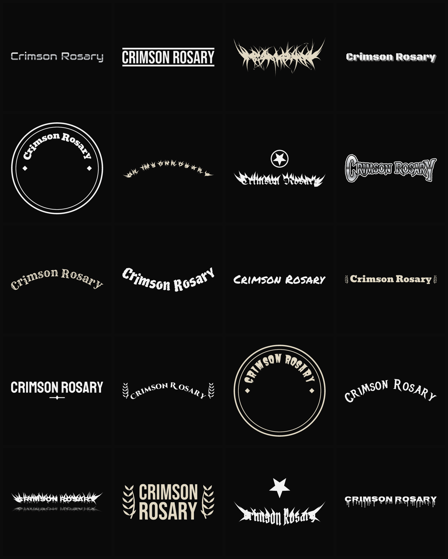 Twenty Crimson Rosary band logo ideas — different faces, treatments and spike settings