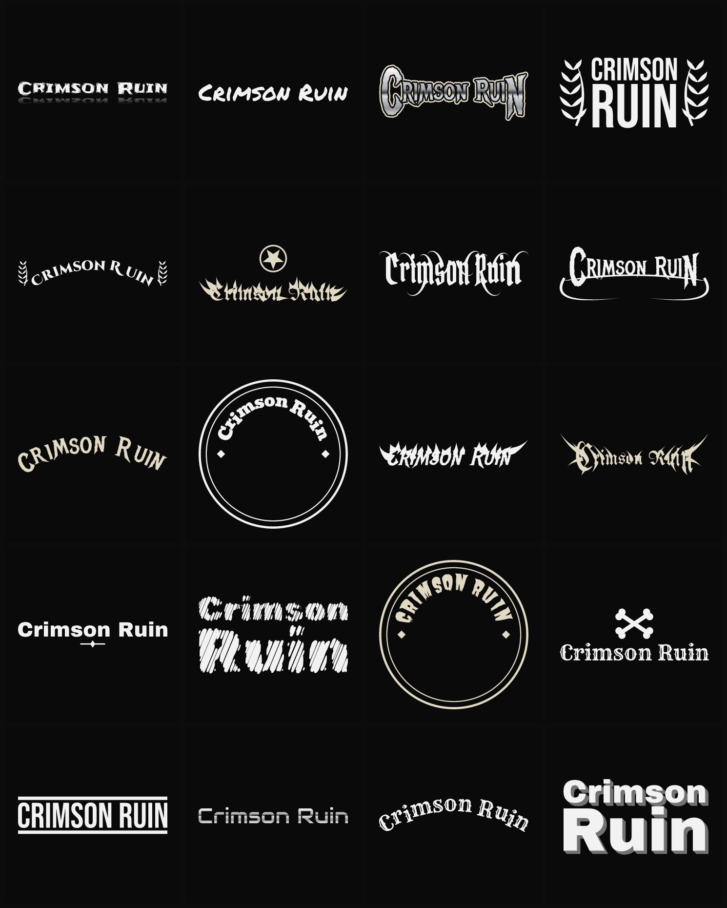Twenty Crimson Ruin band logo ideas — different faces, treatments and spike settings