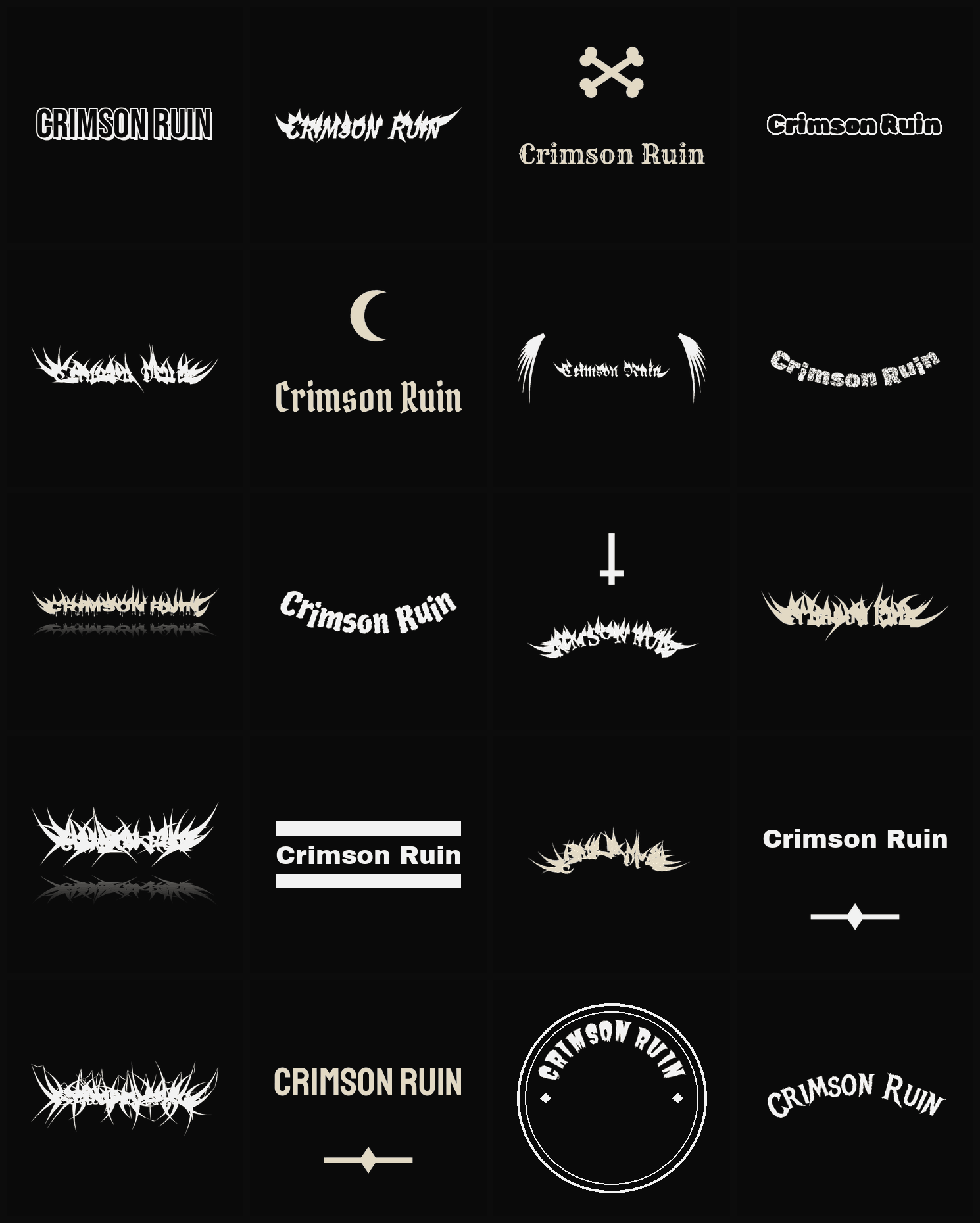 Twenty Crimson Ruin band logo ideas — different faces, treatments and spike settings