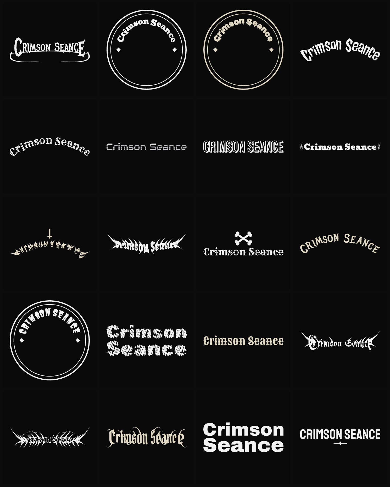 Twenty Crimson Seance band logo ideas — different faces, treatments and spike settings