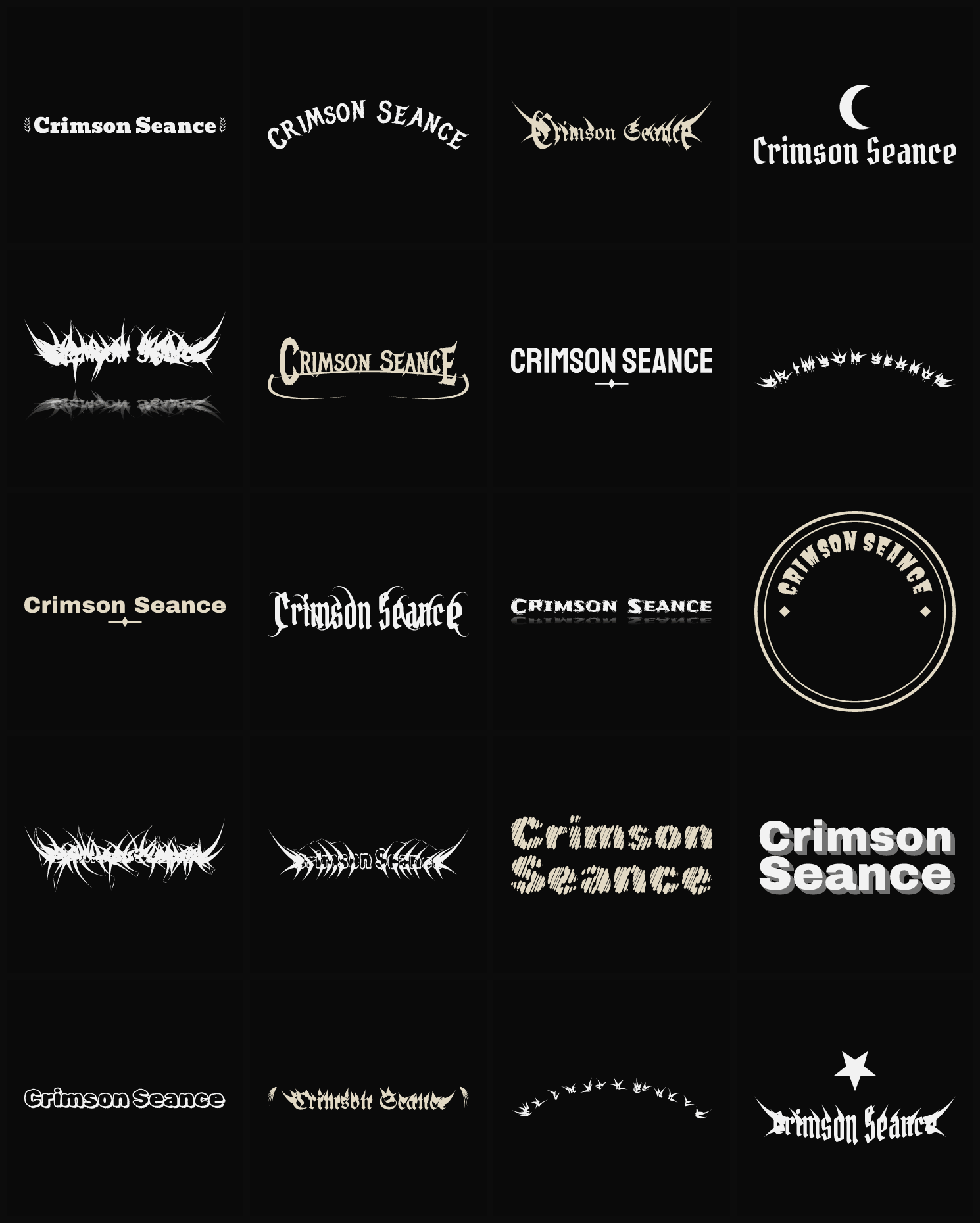 Twenty Crimson Seance band logo ideas — different faces, treatments and spike settings