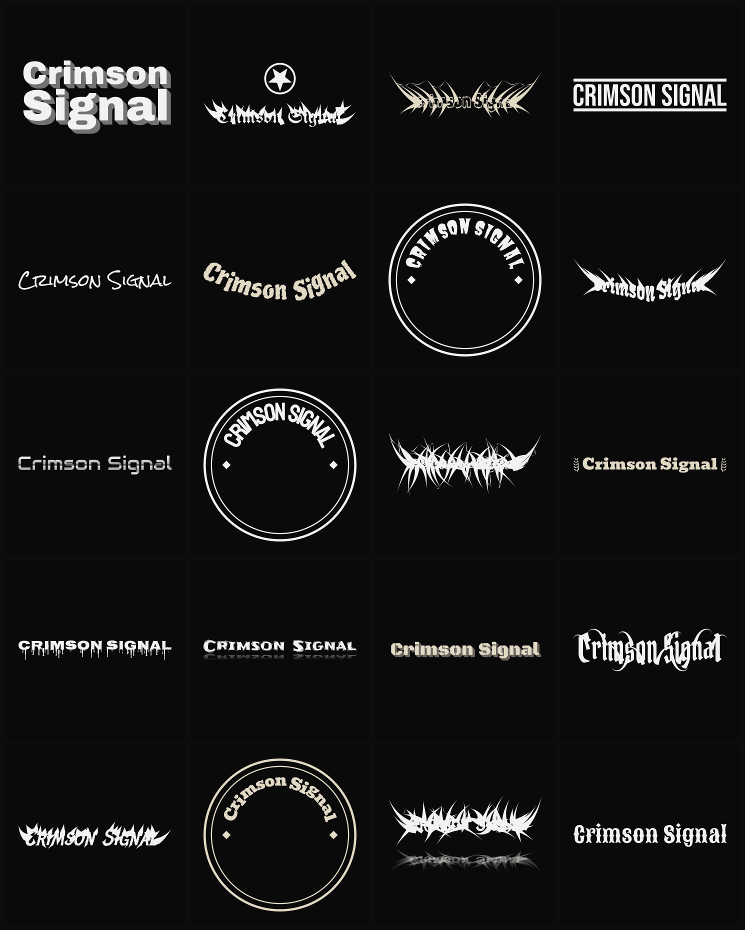 Twenty Crimson Signal band logo ideas — different faces, treatments and spike settings