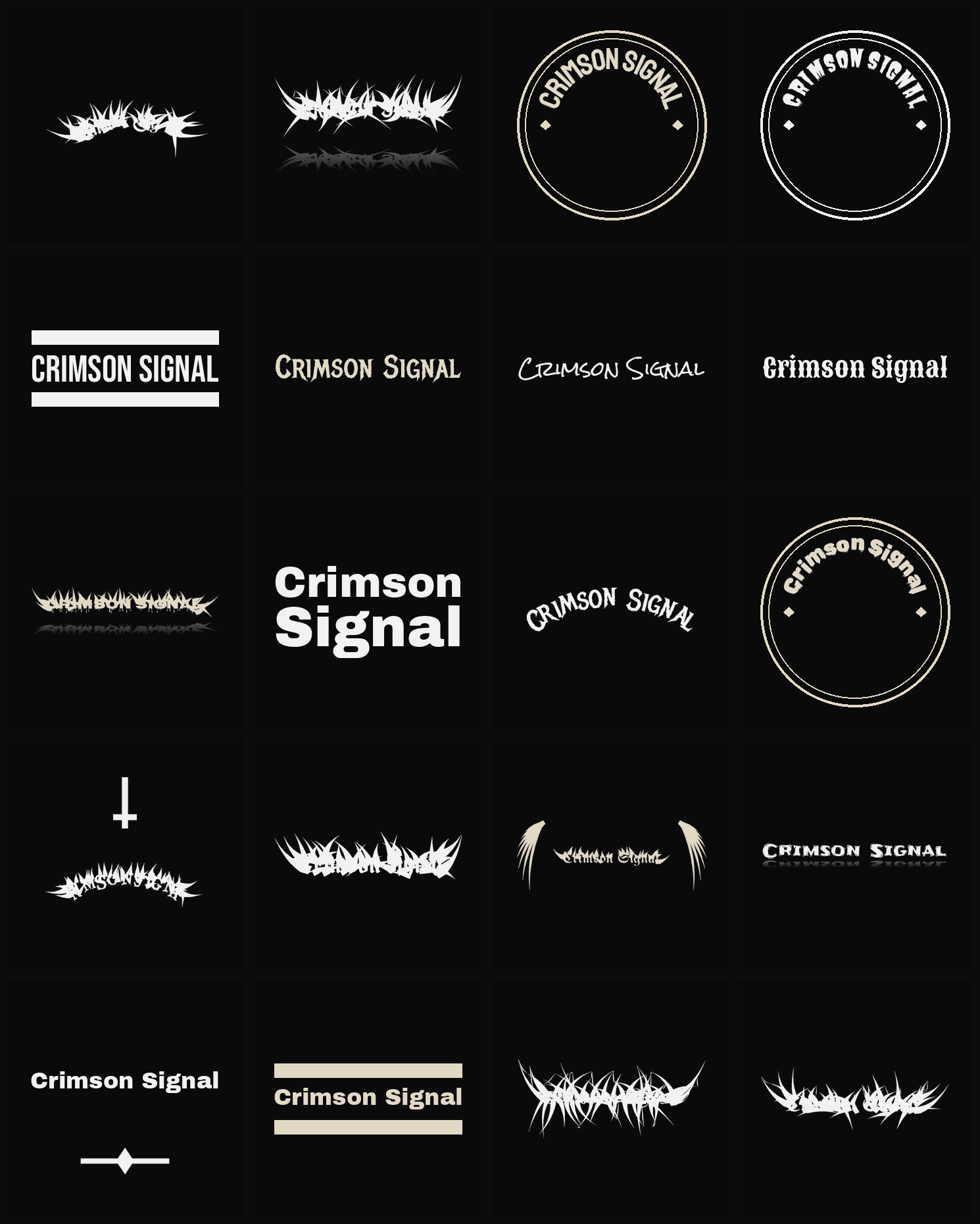 Twenty Crimson Signal band logo ideas — different faces, treatments and spike settings