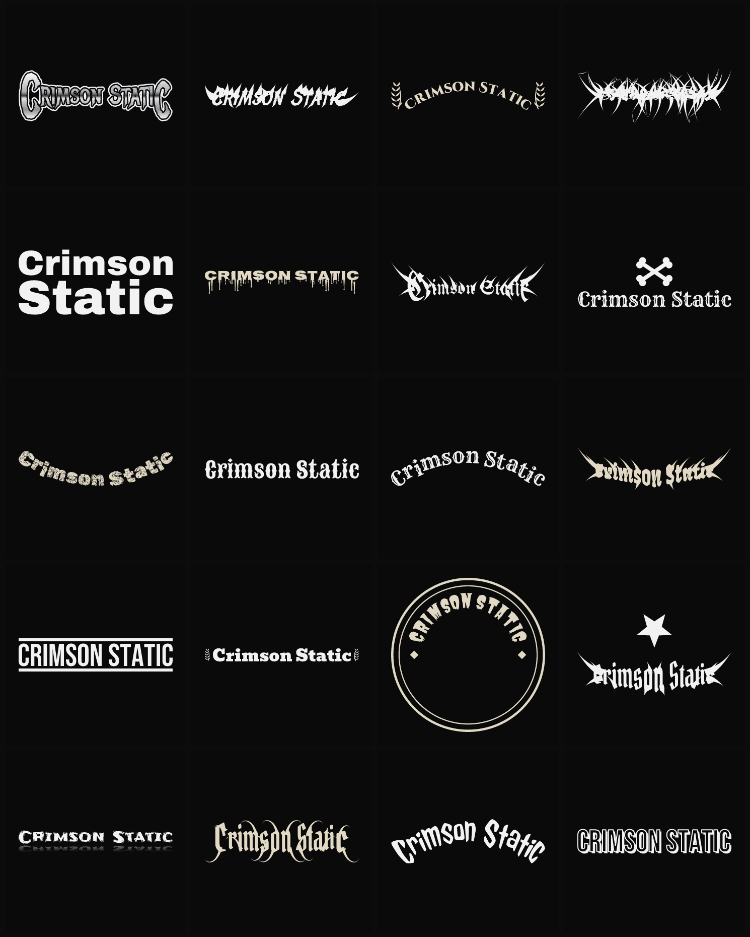 Twenty Crimson Static band logo ideas — different faces, treatments and spike settings