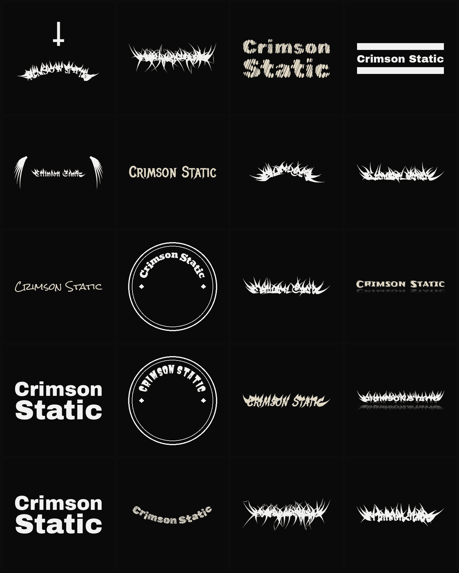 Twenty Crimson Static band logo ideas — different faces, treatments and spike settings