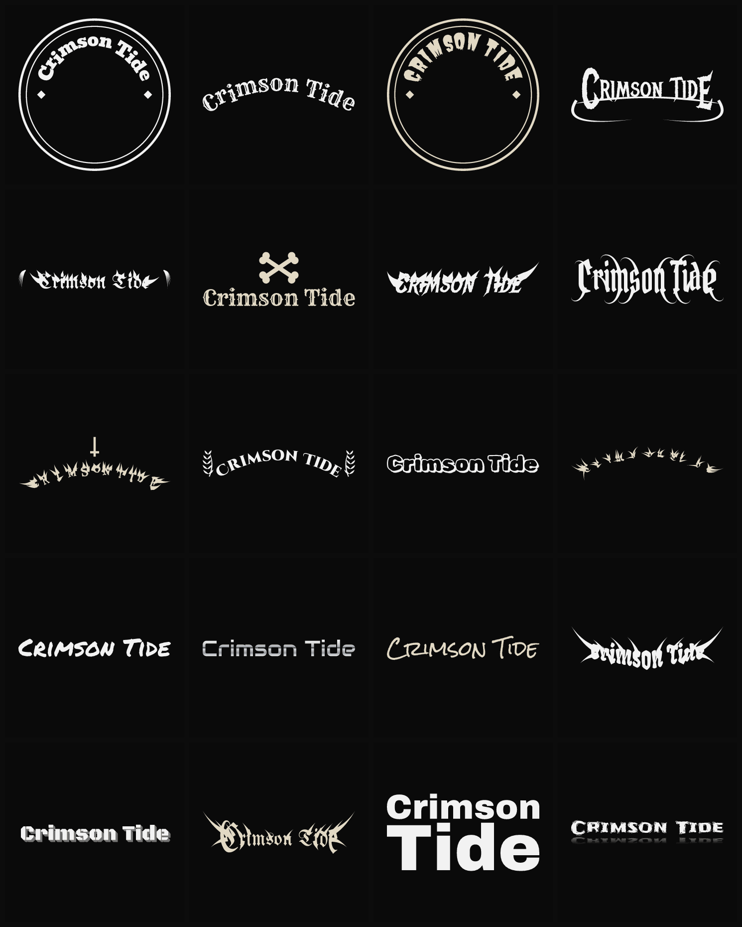 Twenty Crimson Tide band logo ideas — different faces, treatments and spike settings