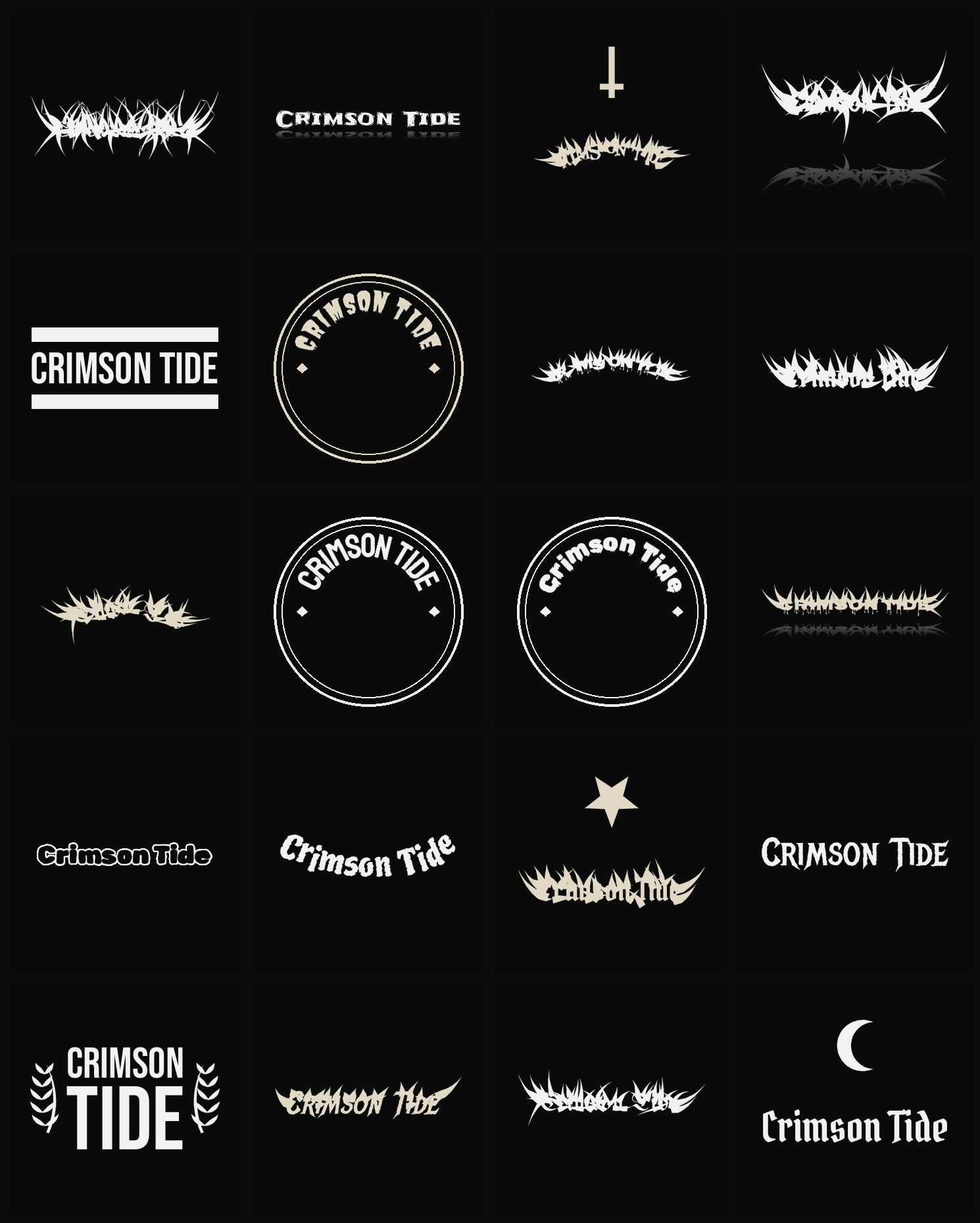 Twenty Crimson Tide band logo ideas — different faces, treatments and spike settings