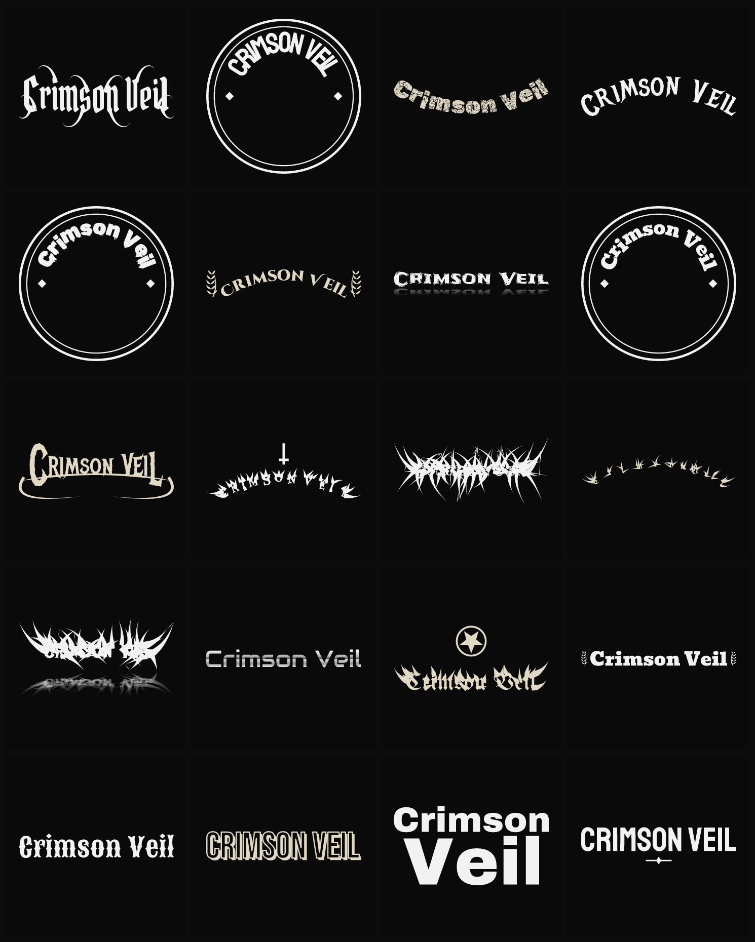 Twenty Crimson Veil band logo ideas — different faces, treatments and spike settings
