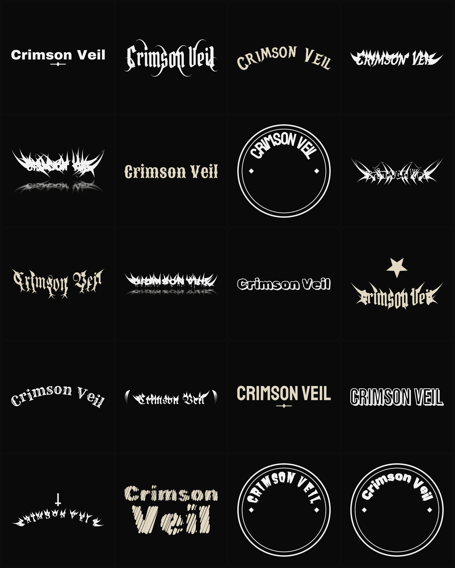 Twenty Crimson Veil band logo ideas — different faces, treatments and spike settings