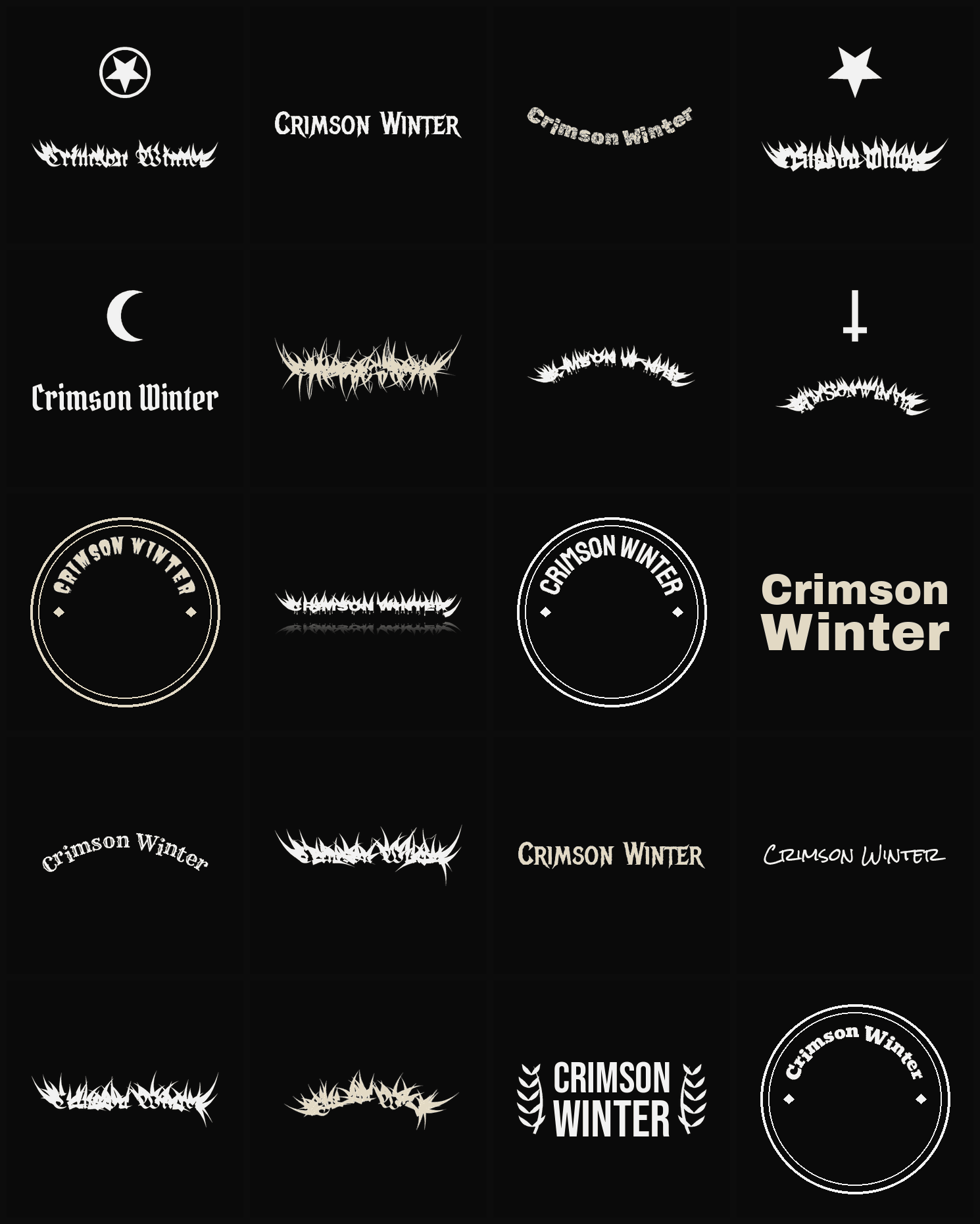 Twenty Crimson Winter band logo ideas — different faces, treatments and spike settings