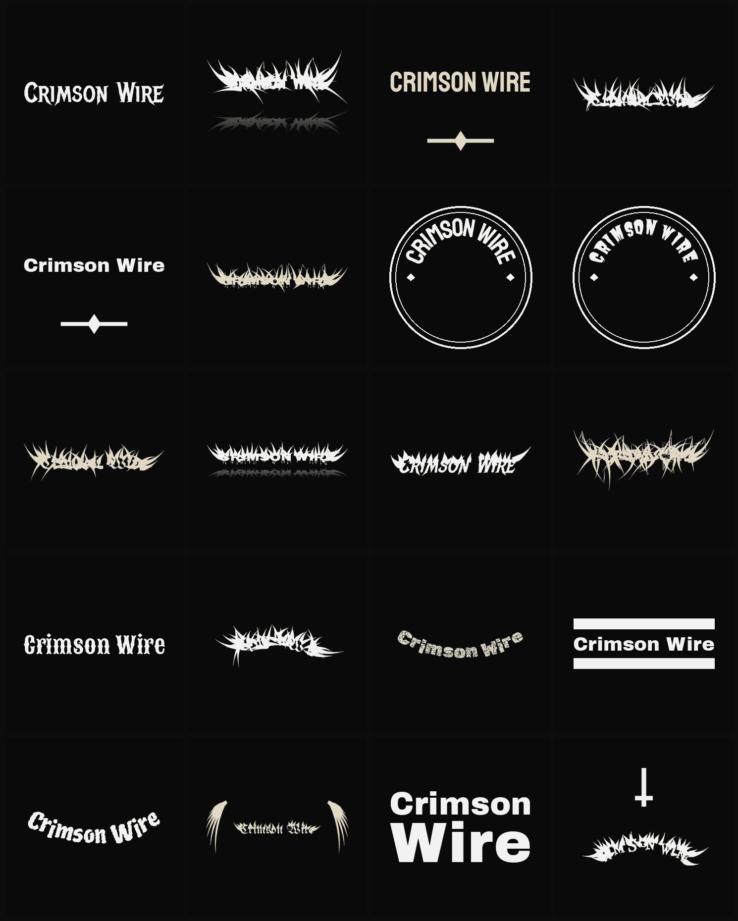 Twenty Crimson Wire band logo ideas — different faces, treatments and spike settings